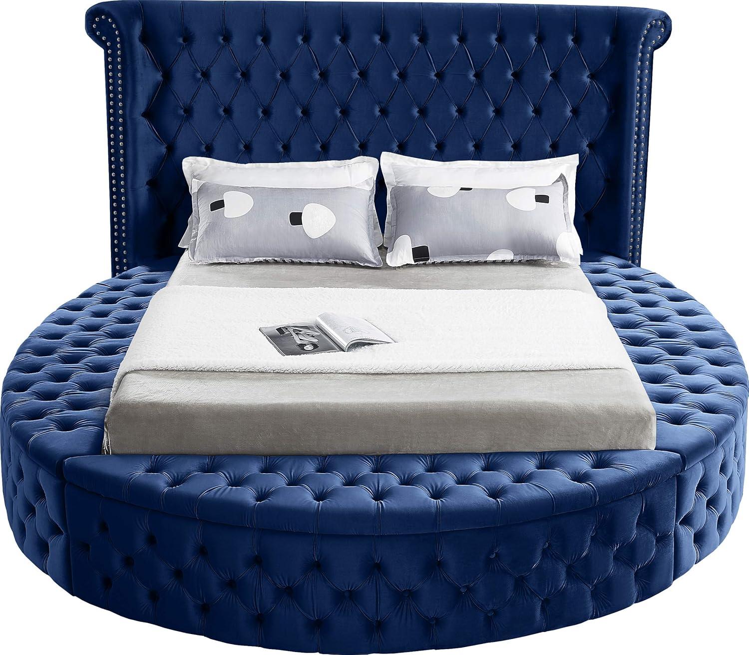 Luxus Navy Velvet Queen Bed with Tufted Upholstered Headboard