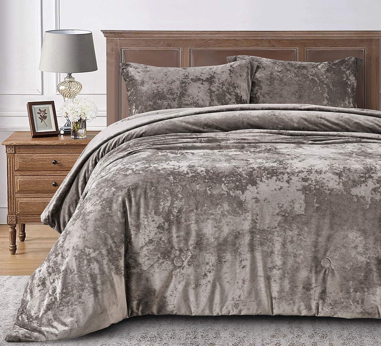 Chezmoi Collection Lux 3-Piece Pewter Gray Shimmer Velvet Bedding Set Full Size Lush Plush Velvet Comforter Set With Soft Brushed Microfiber Reverse