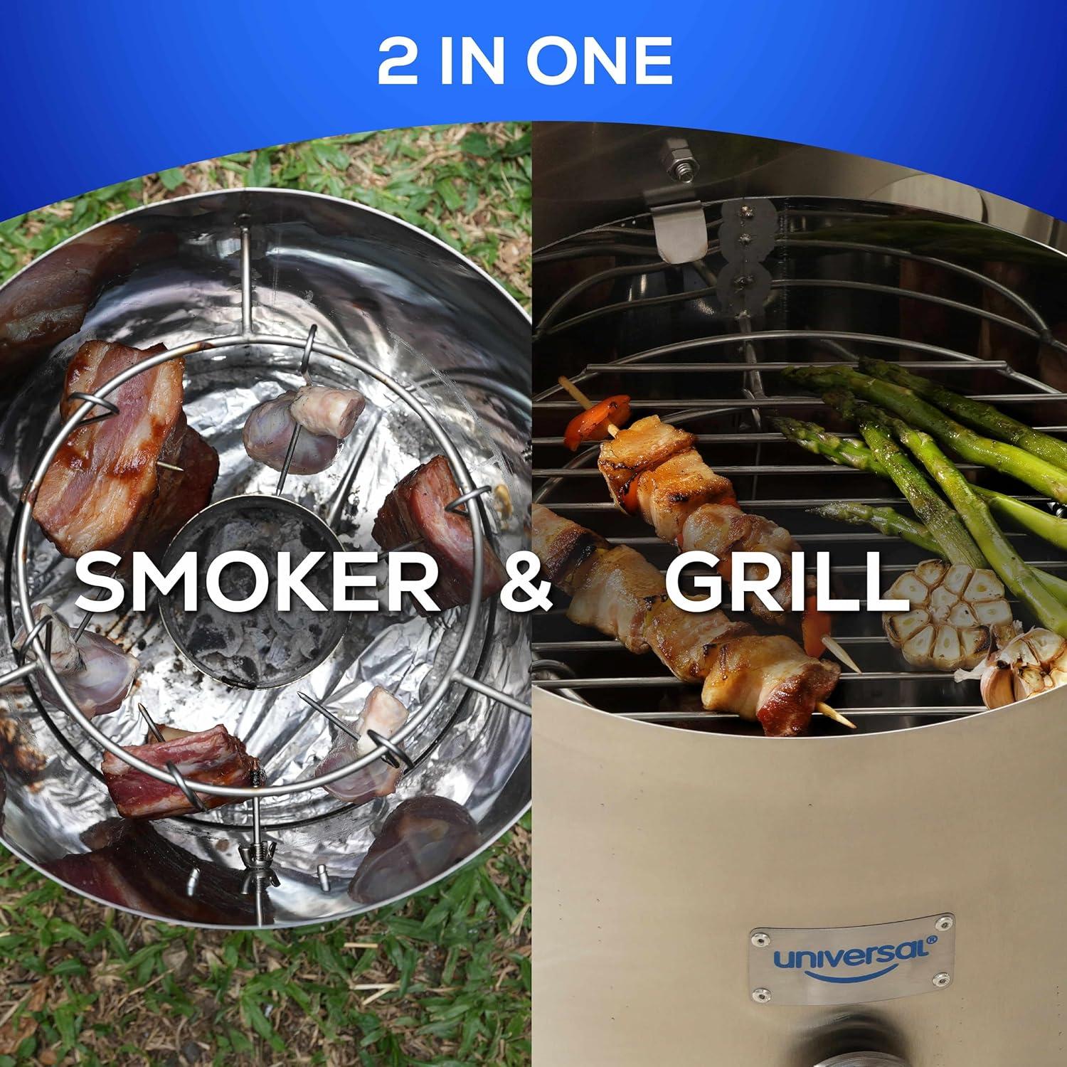 Universal Small Stainless Steel (6-pound) Charcoal Barrel Smoker with Thermometer & Airlock system - 16.5"x 21.18" x ⌀11.81", 2 in 1 Vertical Smoker - Grill and Smoker, 6-servings