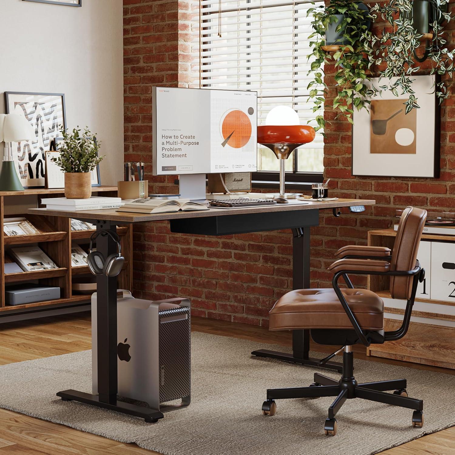 Rustic Brown Adjustable Height Standing Desk with Drawers and Shelf