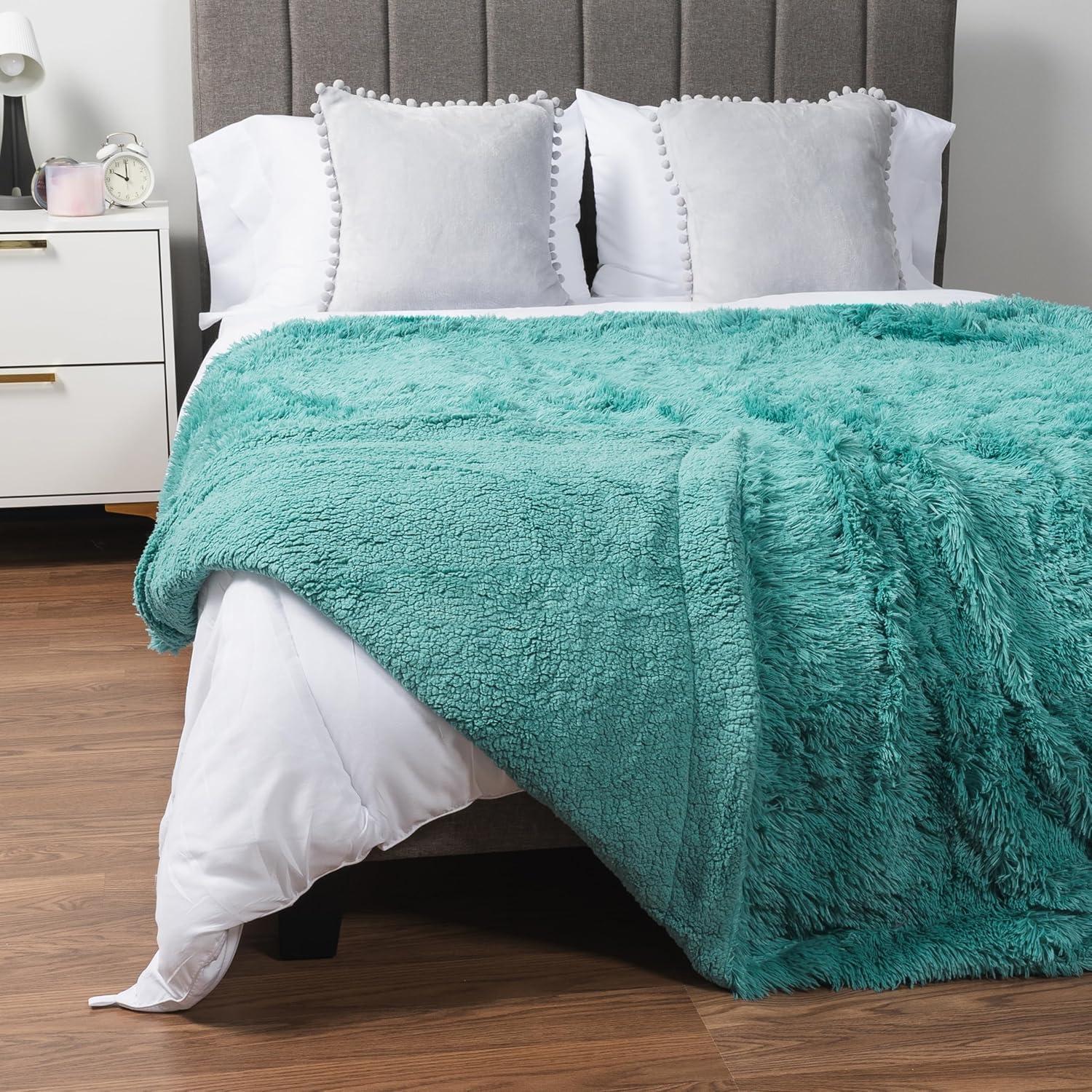 PAVILIA Fluffy Faux Fur Reversible Throw Blanket for Bed, Sofa, and Couch