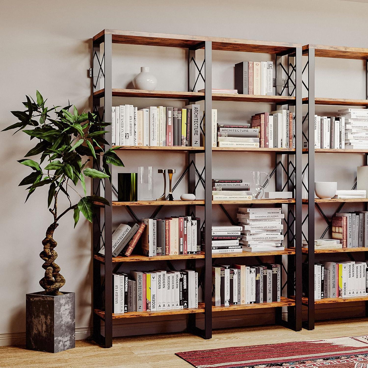 Vintage Brown 6-Tier Industrial Wood and Metal Bookshelf