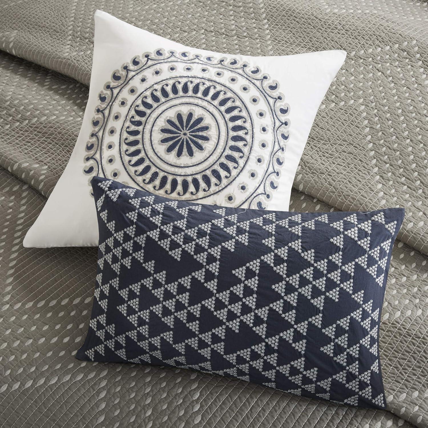 Navy Embroidered Medallion Cotton Square Throw Pillow