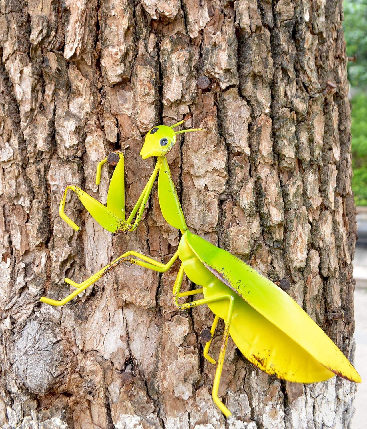 Vibrant Green and Yellow Metal Praying Mantis Garden Decor Set