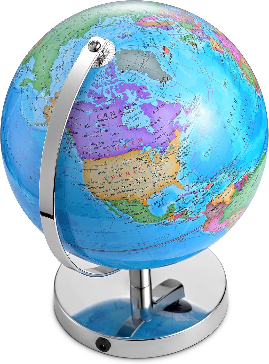 LED Illuminated 11" Tall Globe of The World with Sturdy Chrome Rotating Display Stand