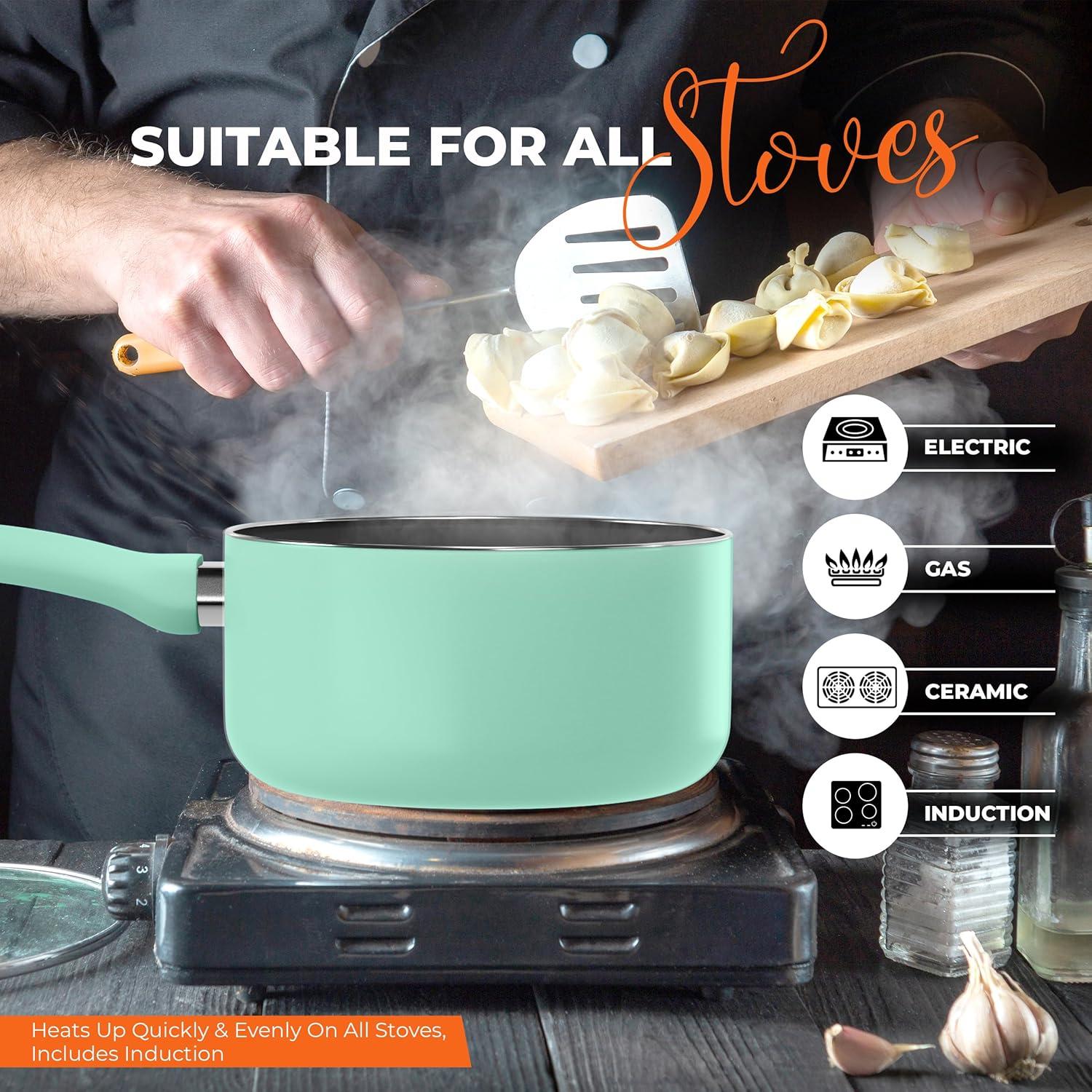 Utopia Kitchen 2 Quart Detachable handle Nonstick Saucepan with Glass Lid, Multipurpose Use for Home, Kitchen or Restaurant, Green & Black