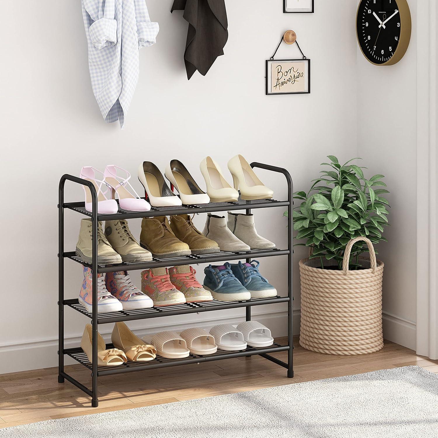 4-Tier Shoes Rack Shelf for Closet Metal Stackable Shoe Organizer, Expandable & AdjustableWire Grid, Black