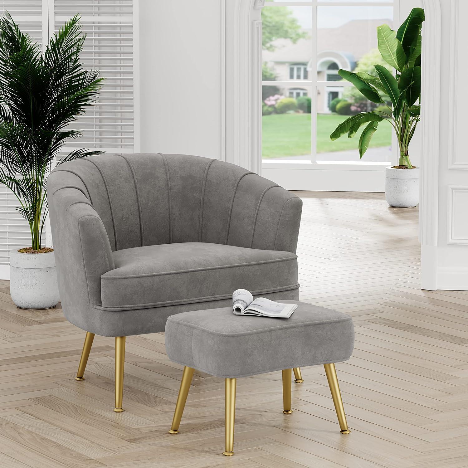 Gray Velvet Barrel Accent Chair with Ottoman and Gold Legs