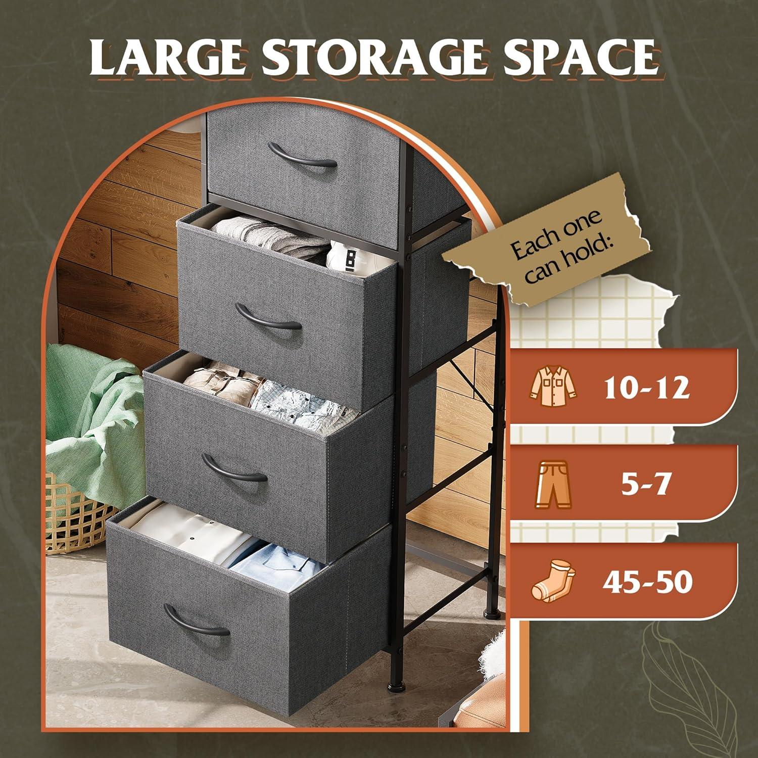 WLIVE Fabric Dresser, 5-Drawer Tall Dresser for Bedroom, Storage Dresser Organizer with Fabric Bins, Wood Top, Sturdy Steel Frame, Chest of Drawers for Closet, Hallway, Dark Grey