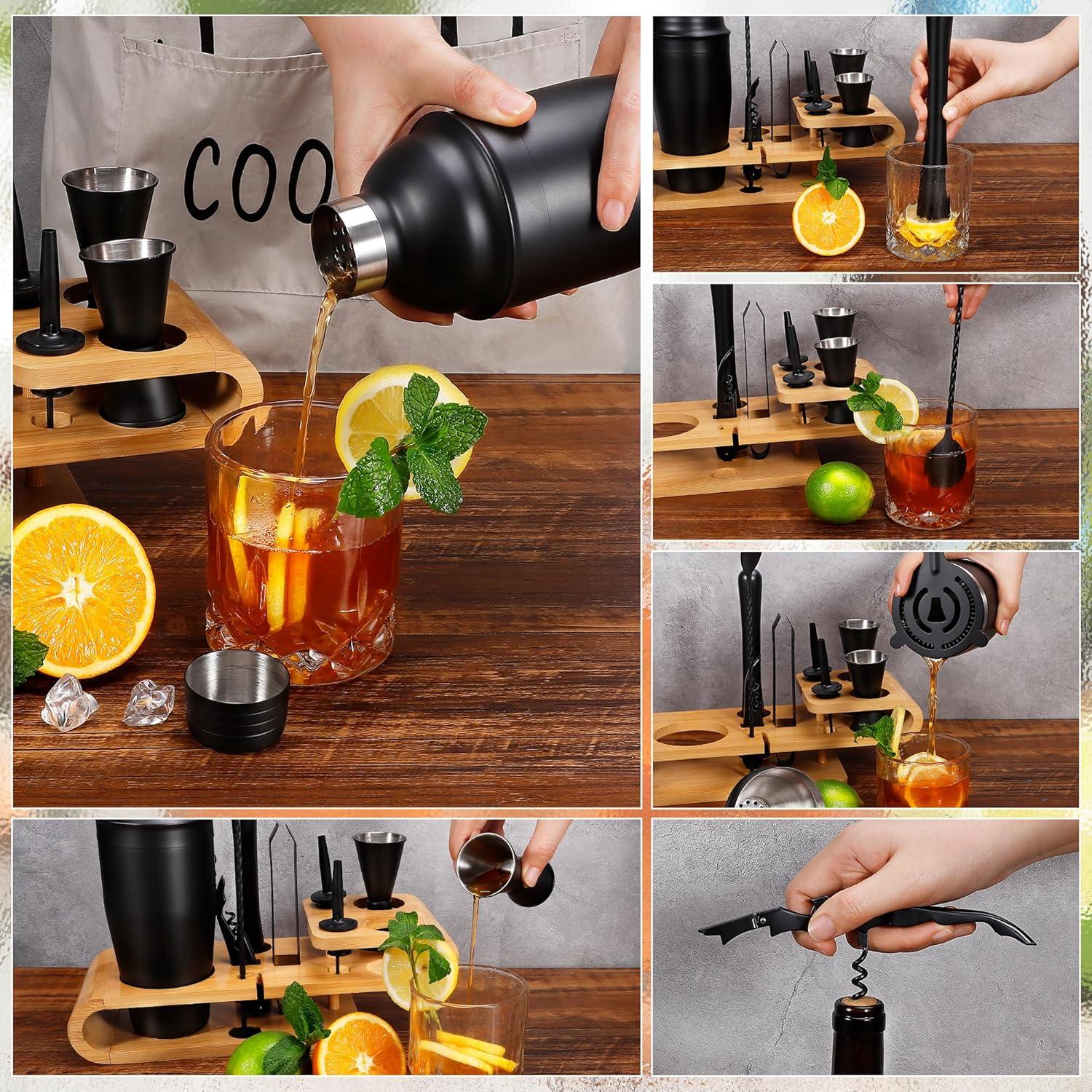 Black Stainless Steel 12-Piece Cocktail Shaker Set with Bamboo Stand