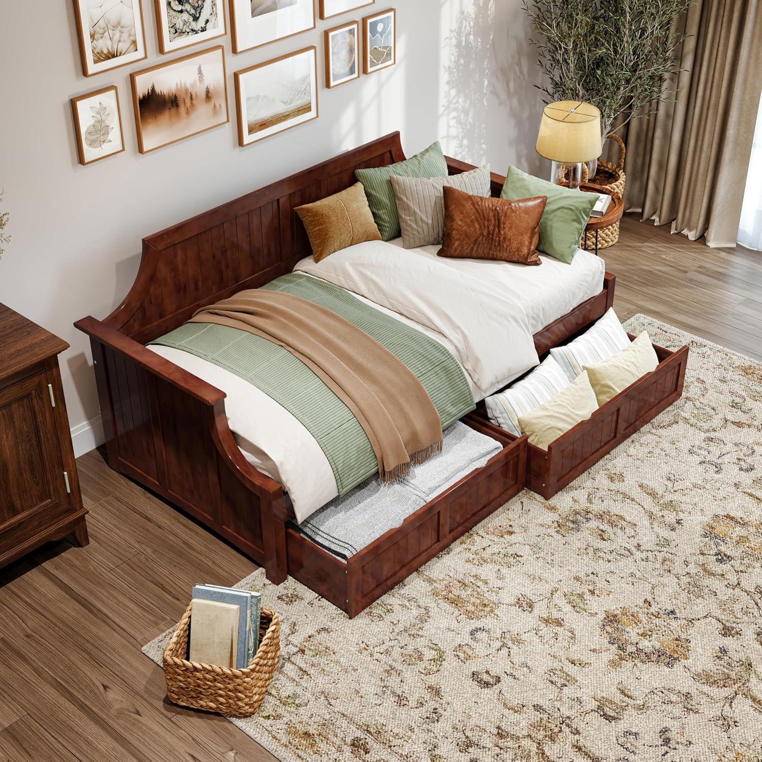 AFI Cambridge Wood Twin Size Daybed Frame with 2 Storage Drawers, Light Toffee