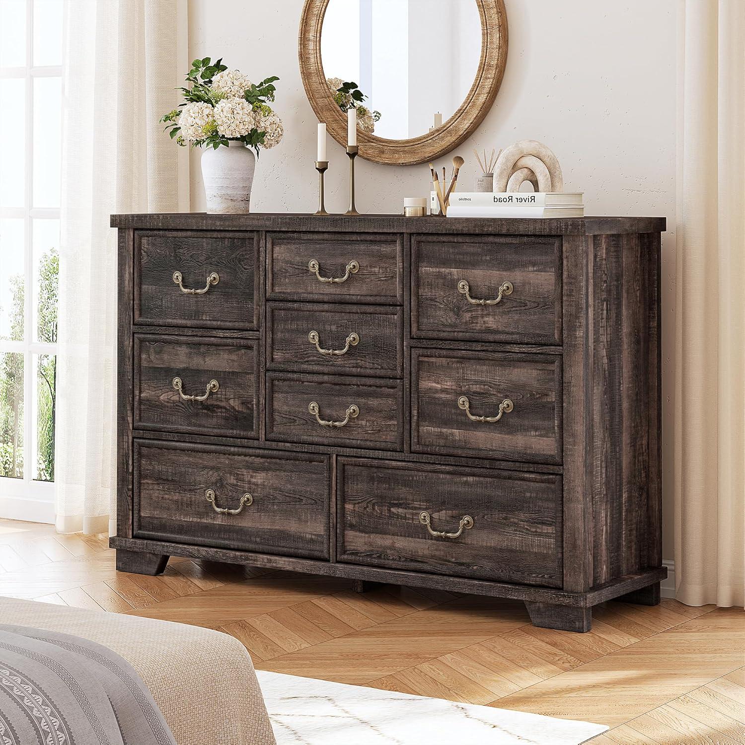 Dark Rustic Oak 9-Drawer Antique Wood Dresser with Metal Handles