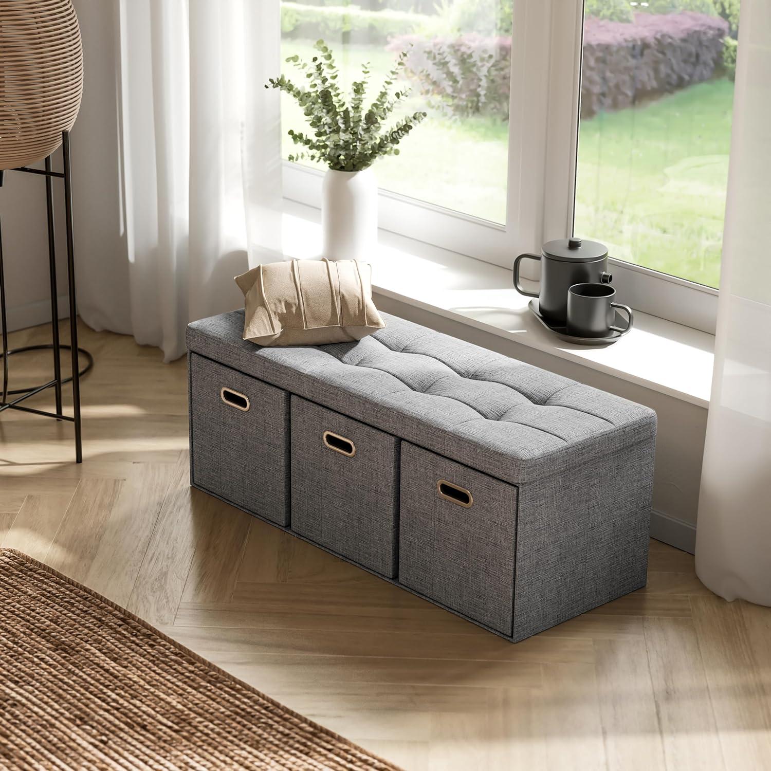 Ornavo Home Collapsible Large Storage Bench Ottoman with Drawers - 40" Inch - Charcoal Gray