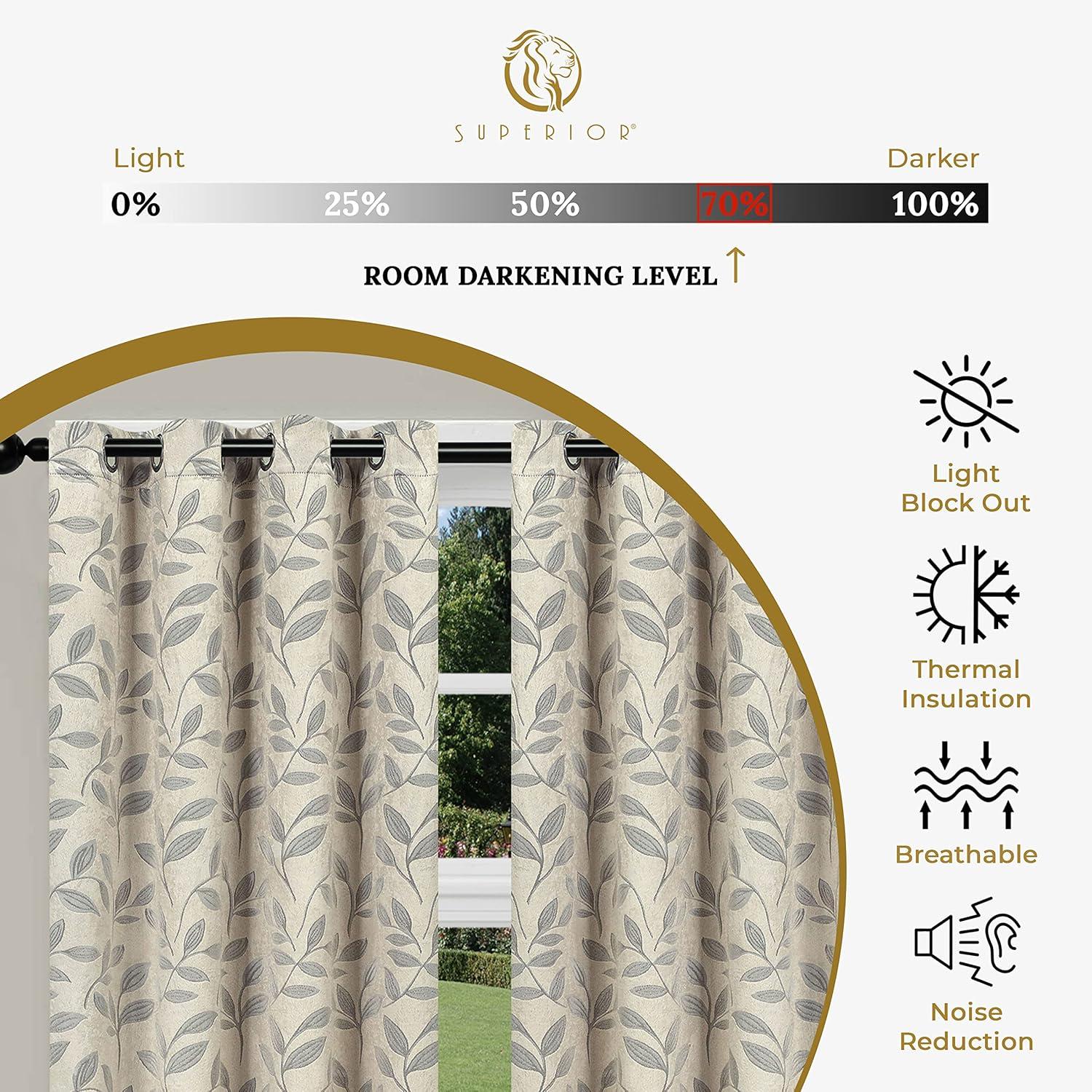 Superior Leaves Blackout Curtain Panel, 8 Grommets, Set of 2, 52" W x 96" L, Ivory