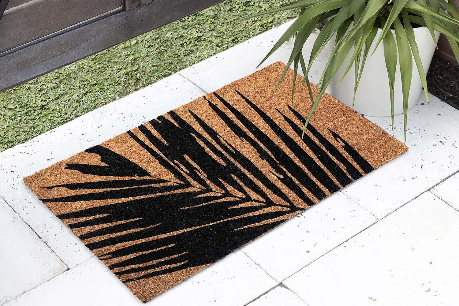 FH Home Non Slip Doormat - Durable, Thin - Natural Coir & Rubber - Entryway, Front Door, Porch, Patio - Summertime Palm Leaf Black/Natural (18" x 30" Non-Slip)
