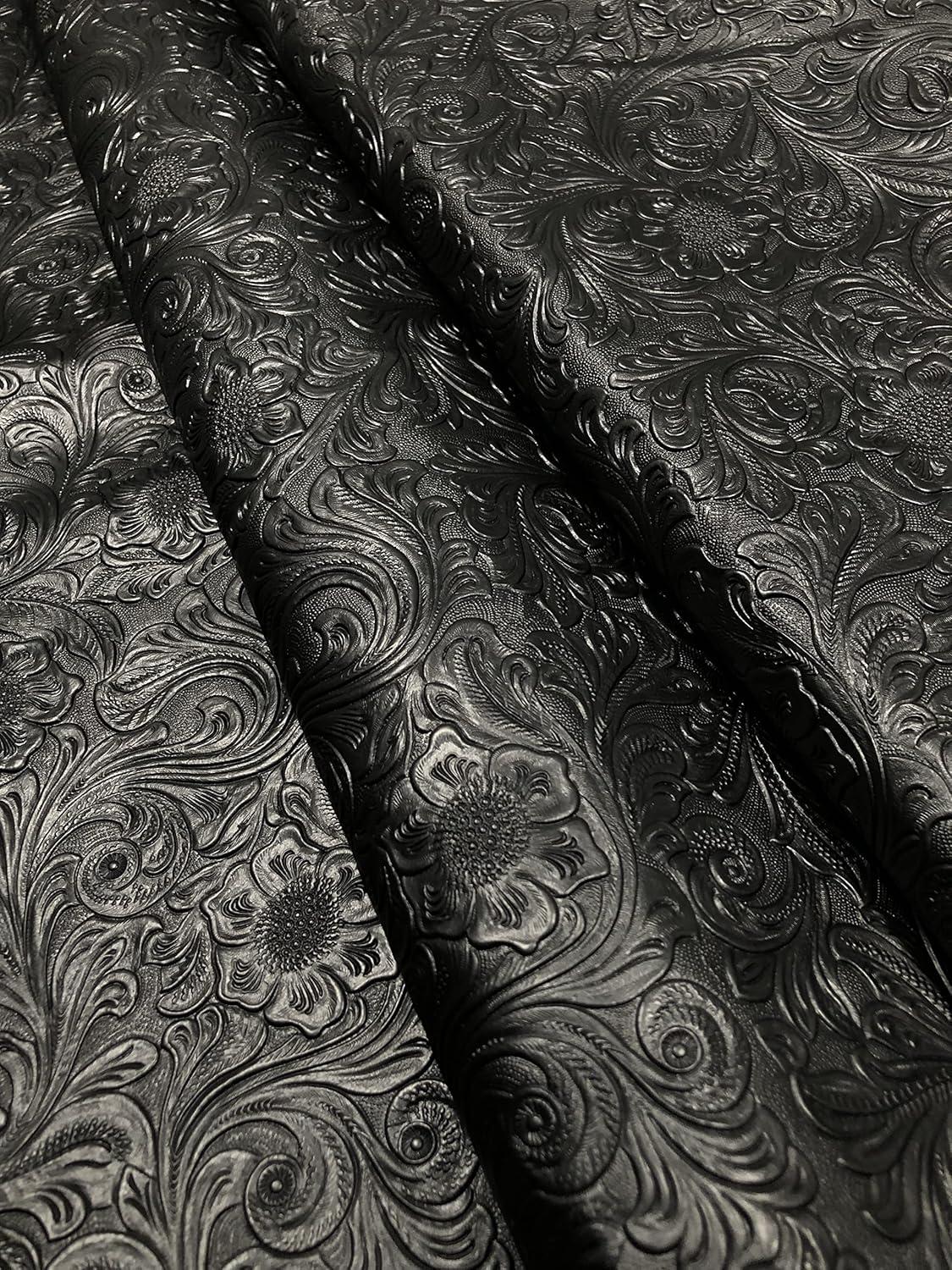 Tooled Faux Leather Western Cowboy, Floral Embossed Vinyl, Craft DIY and Upholstery Pleather Fabric - Cut By The Yard (Black)