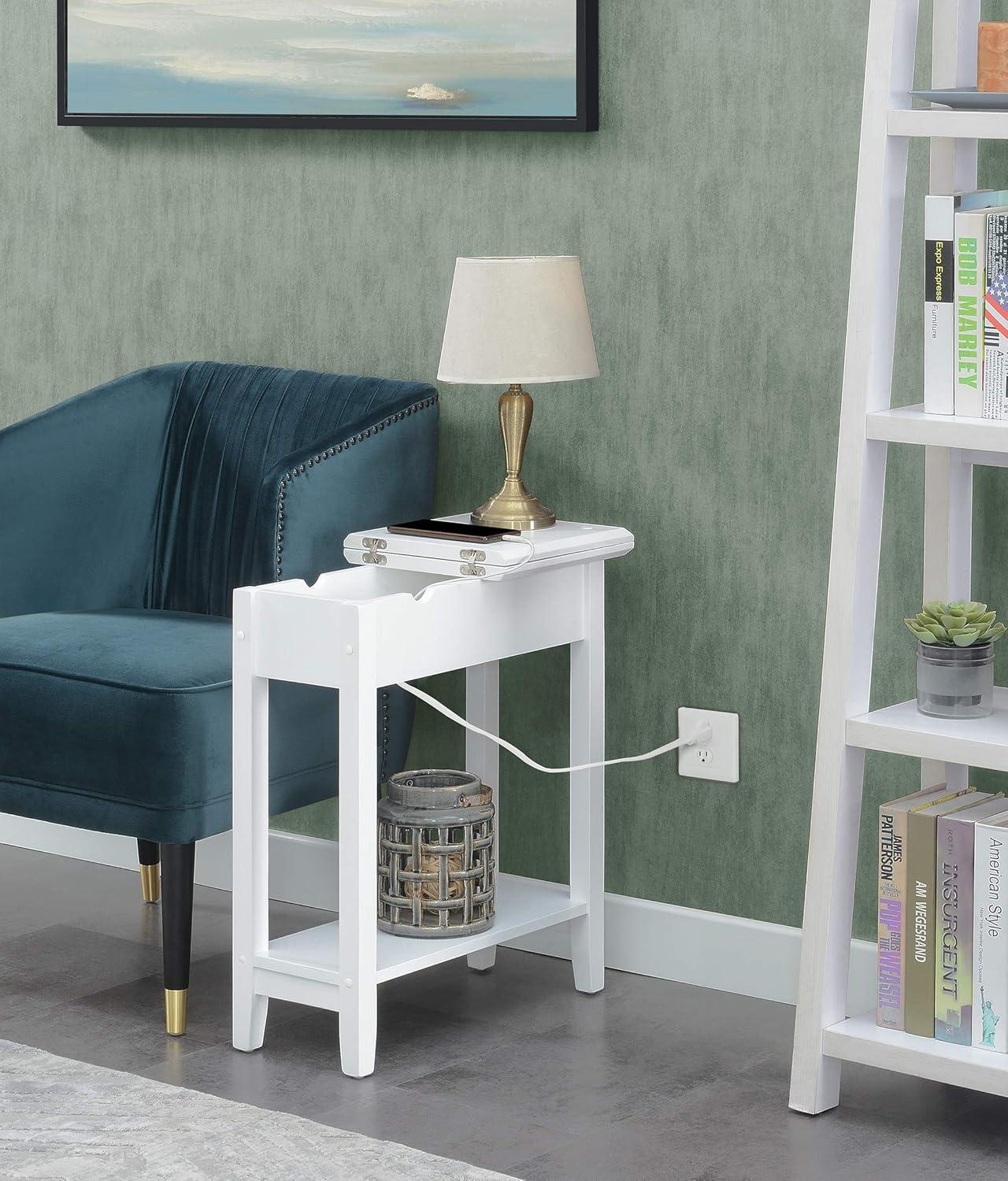 Convenience Concepts American Heritage Flip Top End Table with Charging Station and Shelf, White