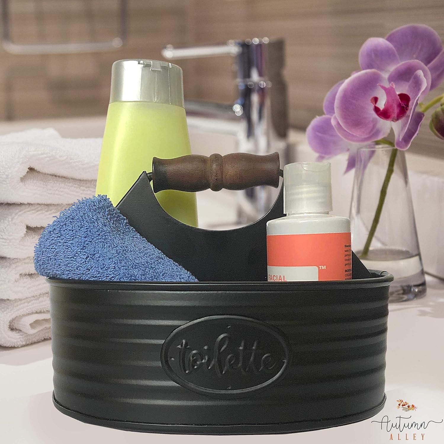 Autumn Alley Black Metal Farmhouse Bathroom Toiletries Caddy Organizer with' Toilette' Label
