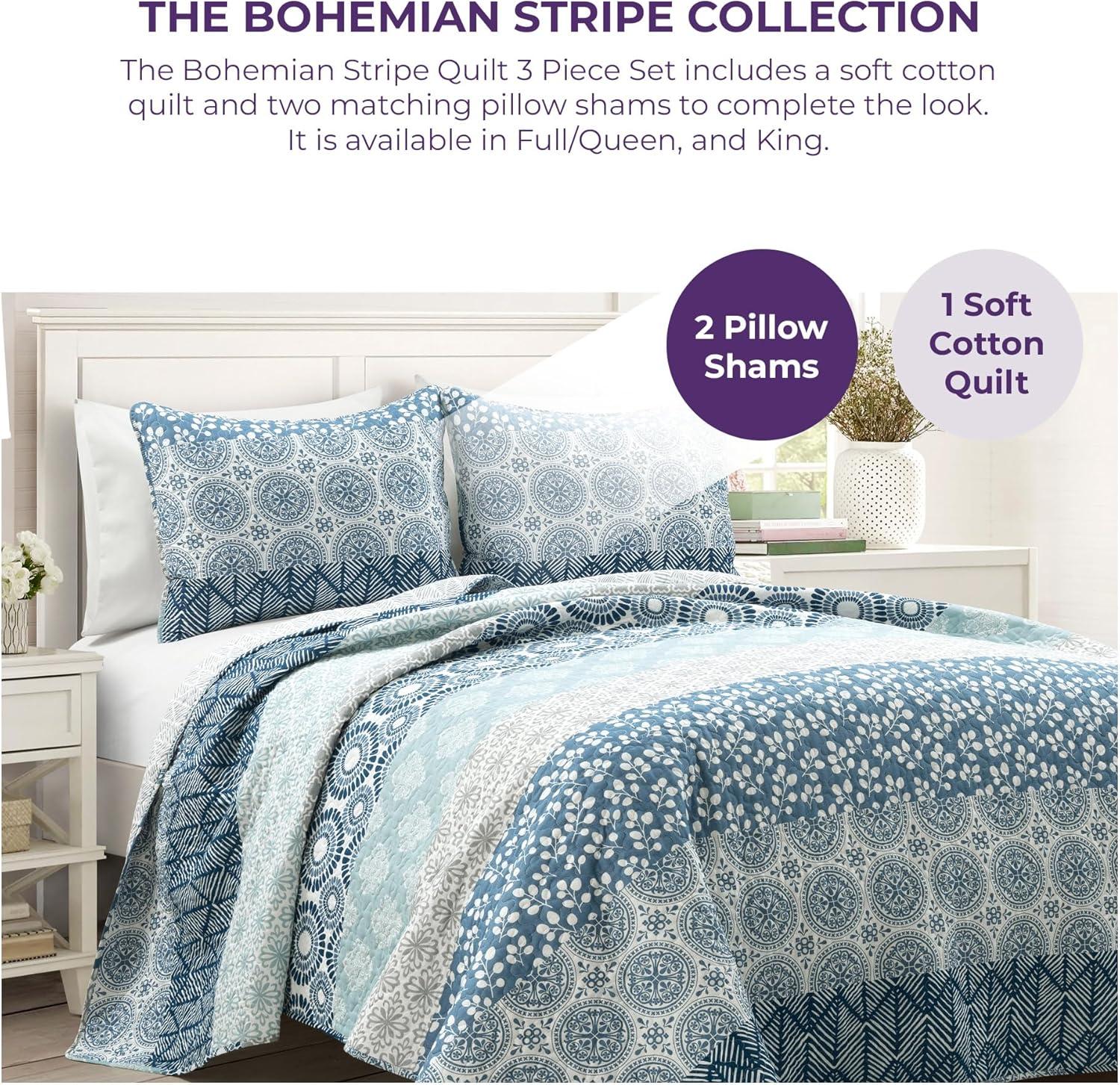 3pc Bohemian Stripe Reversible Oversized Cotton Quilt Bedding Set - Lush Décor