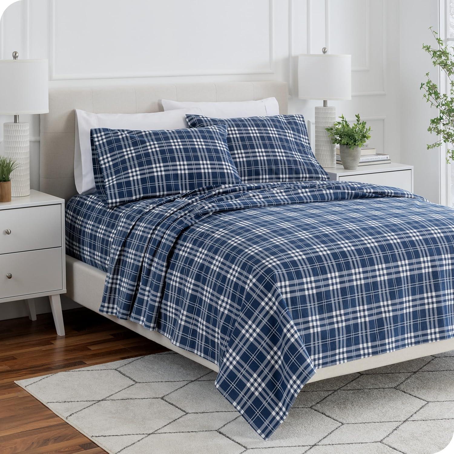 Stirling Plaid - Blue/White Cotton Flannel Twin Sheet Set by Bare Home