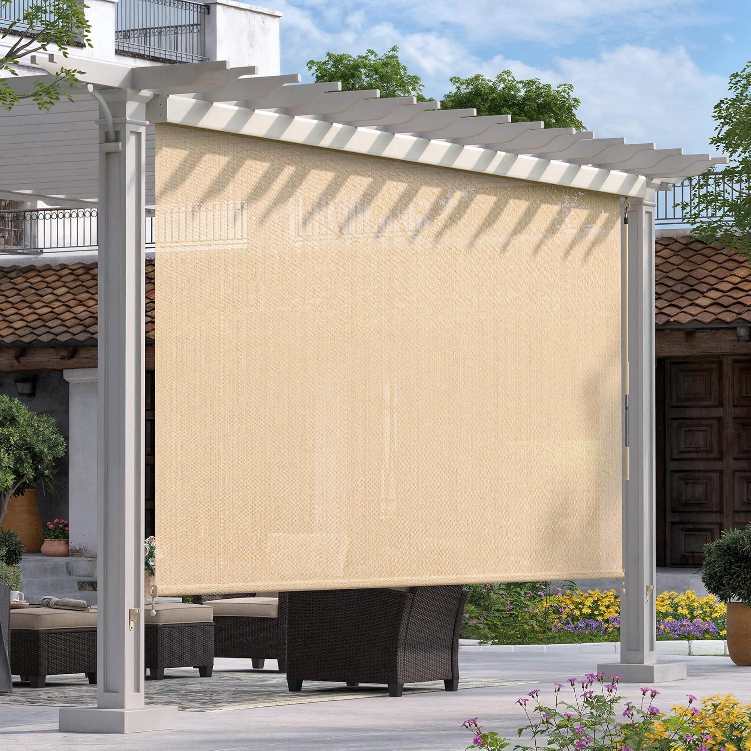 VICLLAX Outdoor Premium Roller Shades for Patio, Exterior Cordless Outdoor Blinds Porch Shades with Aluminum Valance (4' W X 8' L), Wheat