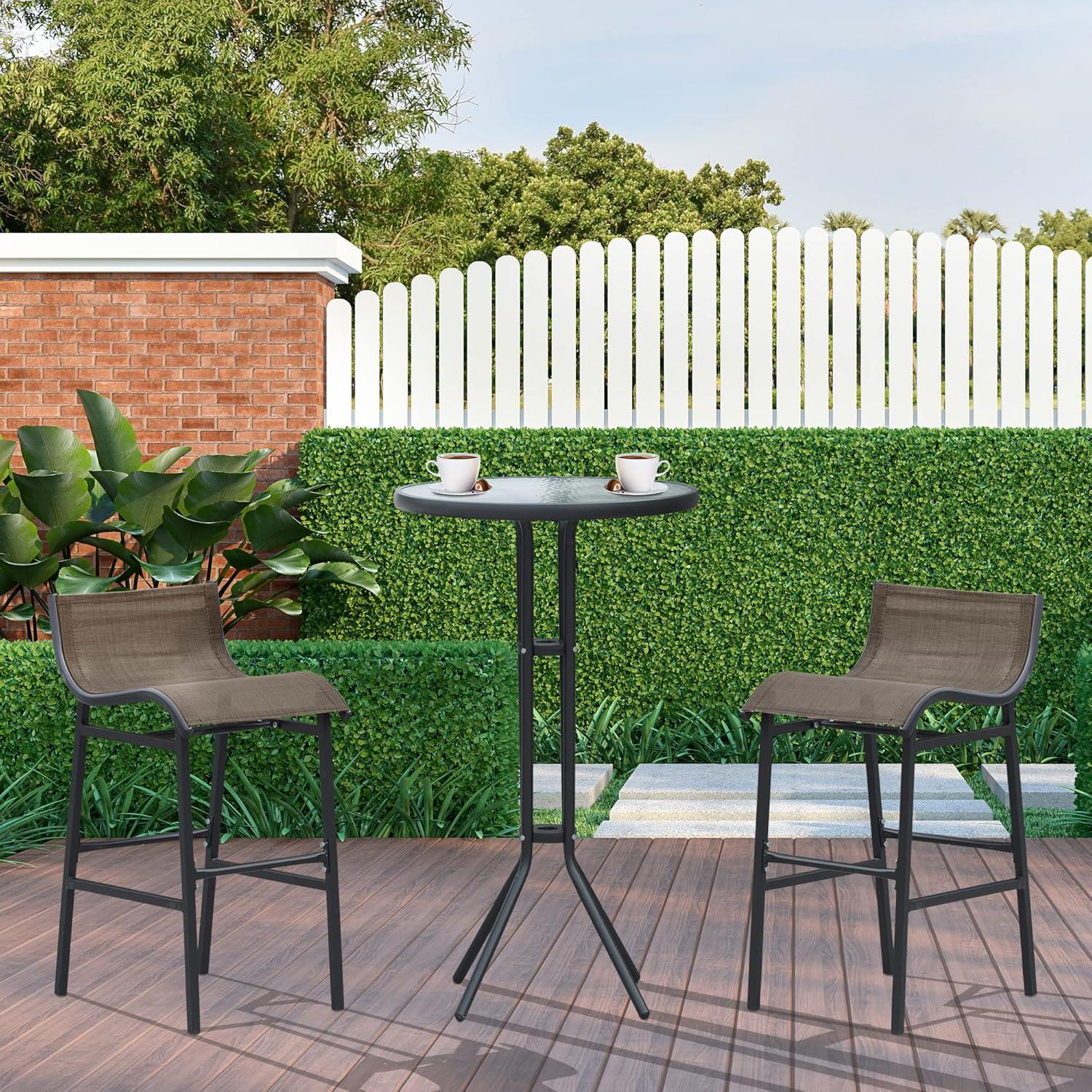 Outsunny 3 Piece Bar Height Outdoor Bistro Set for 2, Round Patio Pub Table 2 Bar Chairs with Comfortable Design & Durable Build, Tan