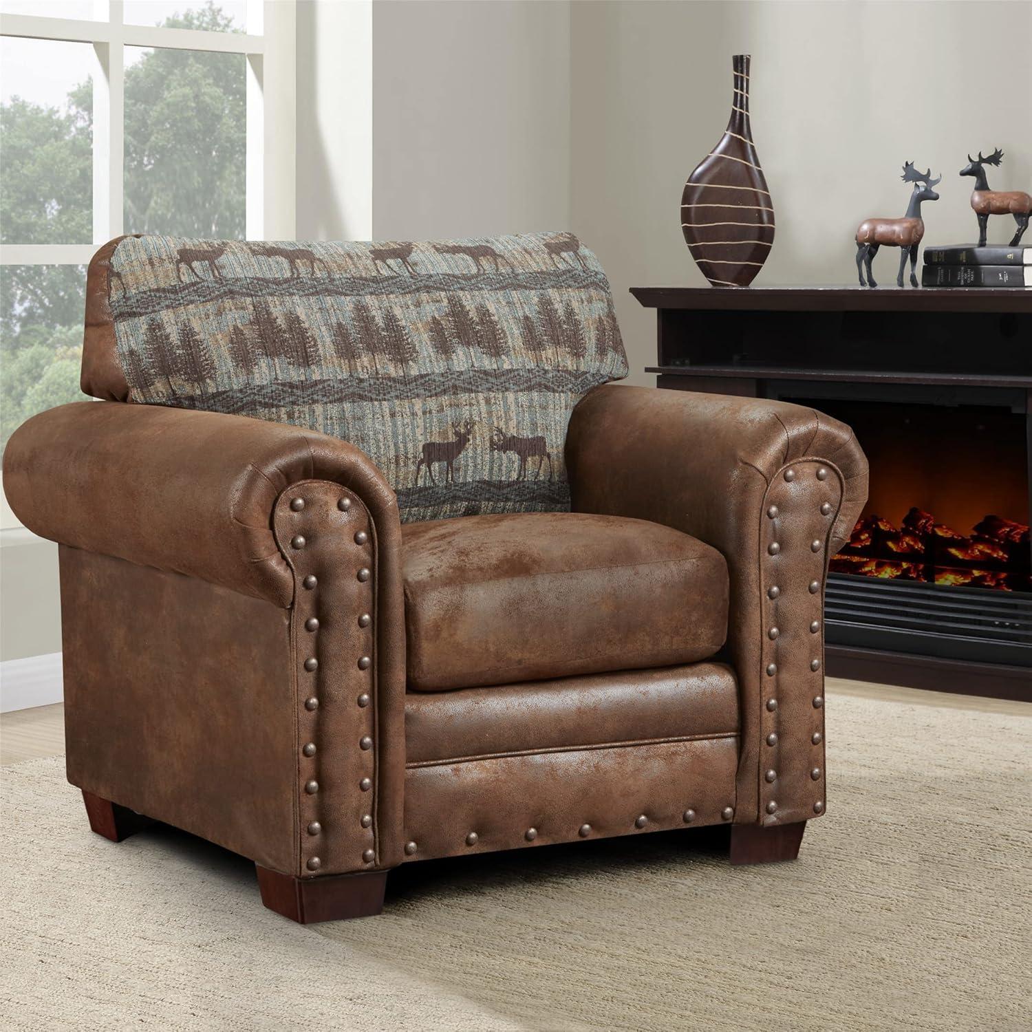 Rustic Lodge Deer Tapestry & Brown Microfiber Accent Chair Set