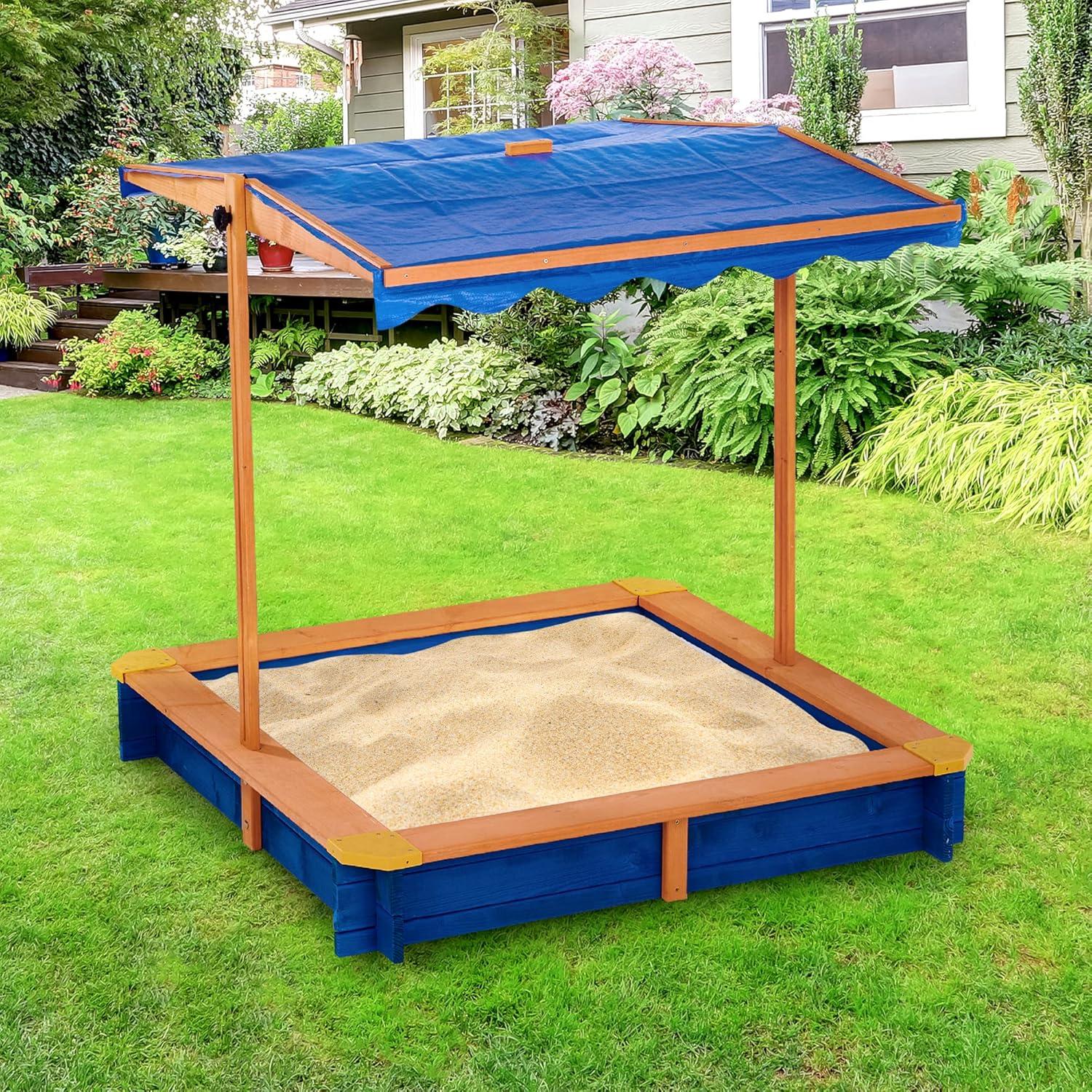 Teamson Kids Outdoor 46" x 46" Spruce Sand Box with Adjustable Canopy, Blue/Wood