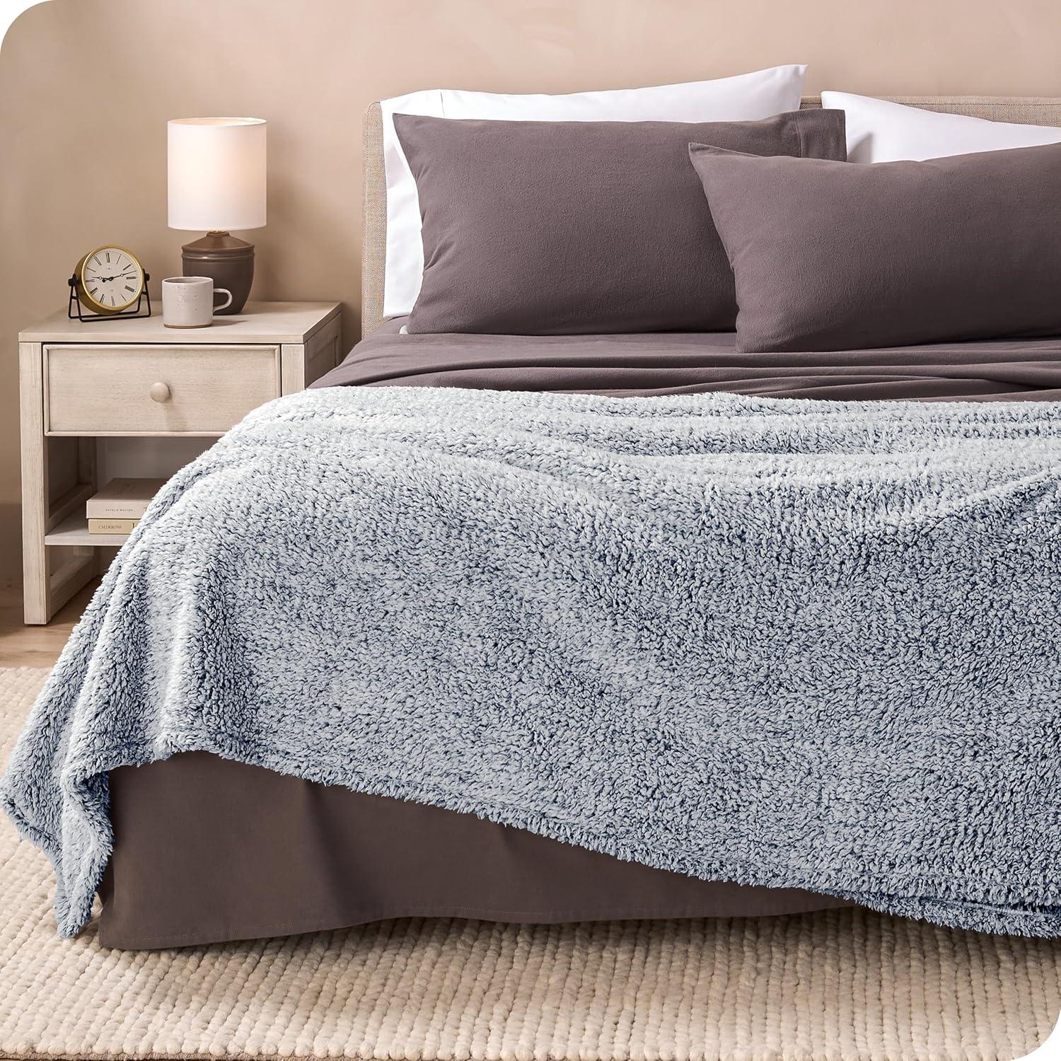 Dark Blue - Tipped Throw Cozy Faux Shearling Bed Blanket by Bare Home