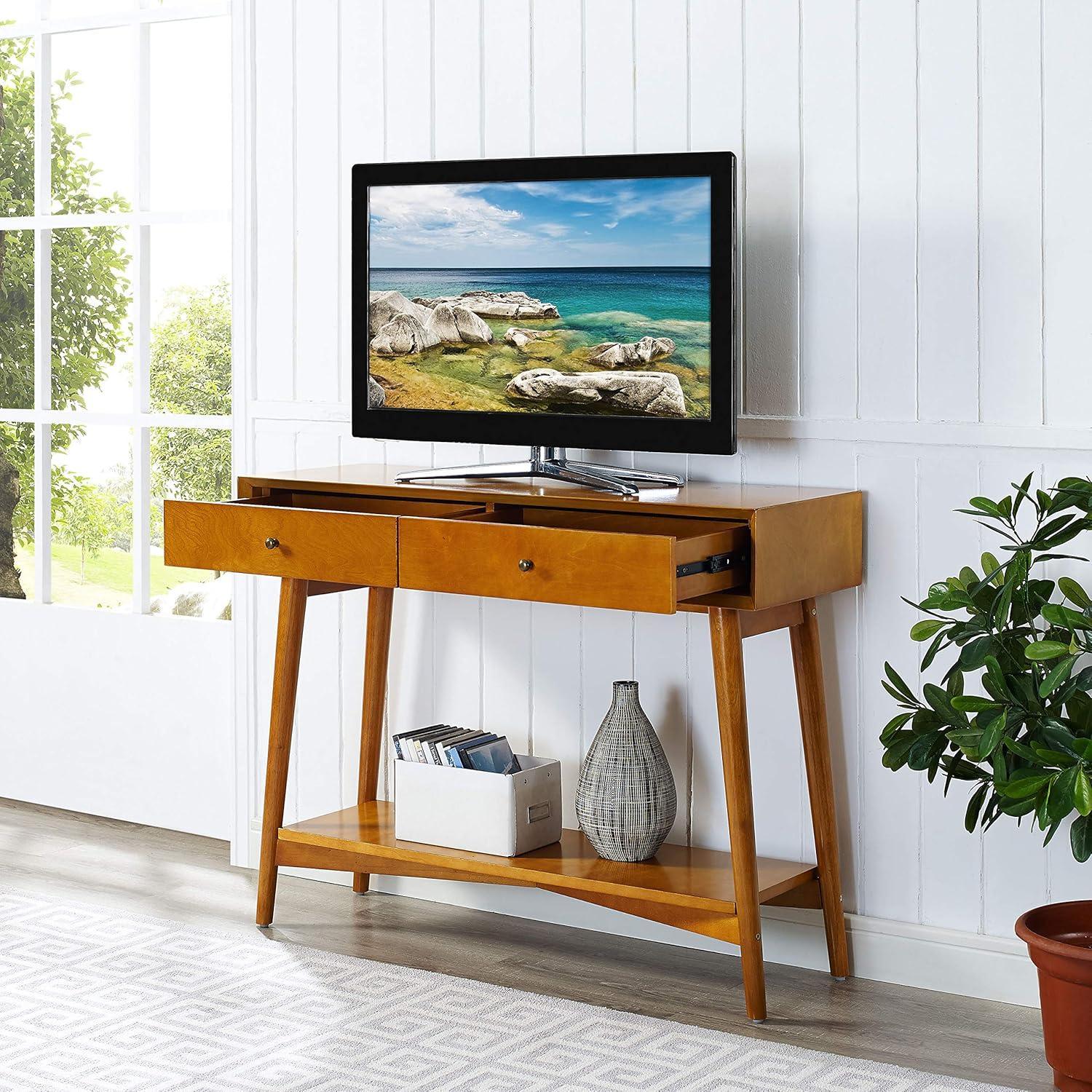 Crosley Landon Console Table Acorn: Mid-Century Modern Design, Hardwood with Open Shelf & Drawer