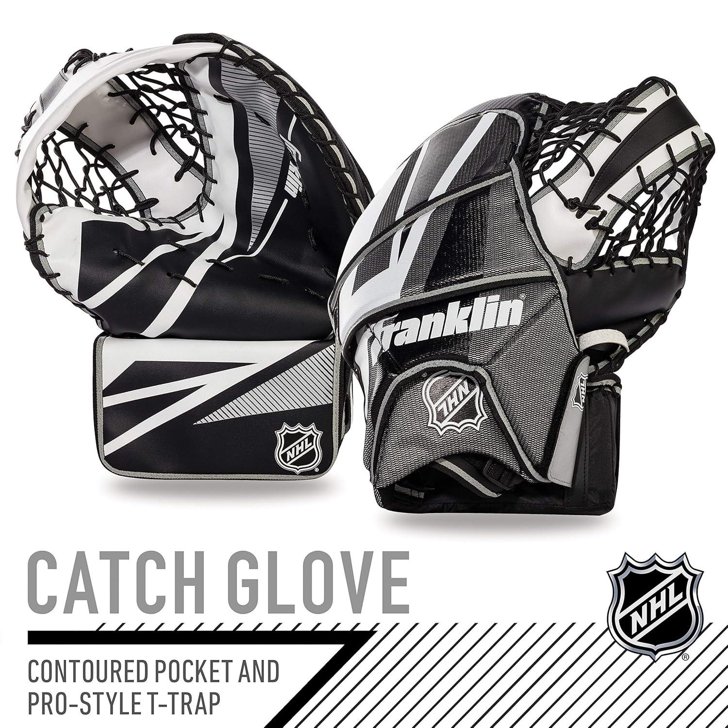 Franklin Sports Street Hockey Goalie Equipment Set - NHL Youth Street Hockey Goalie Pads - Leg Pads, Catch Glove, and Blocker - Youth Goalie Gear Black, 12"