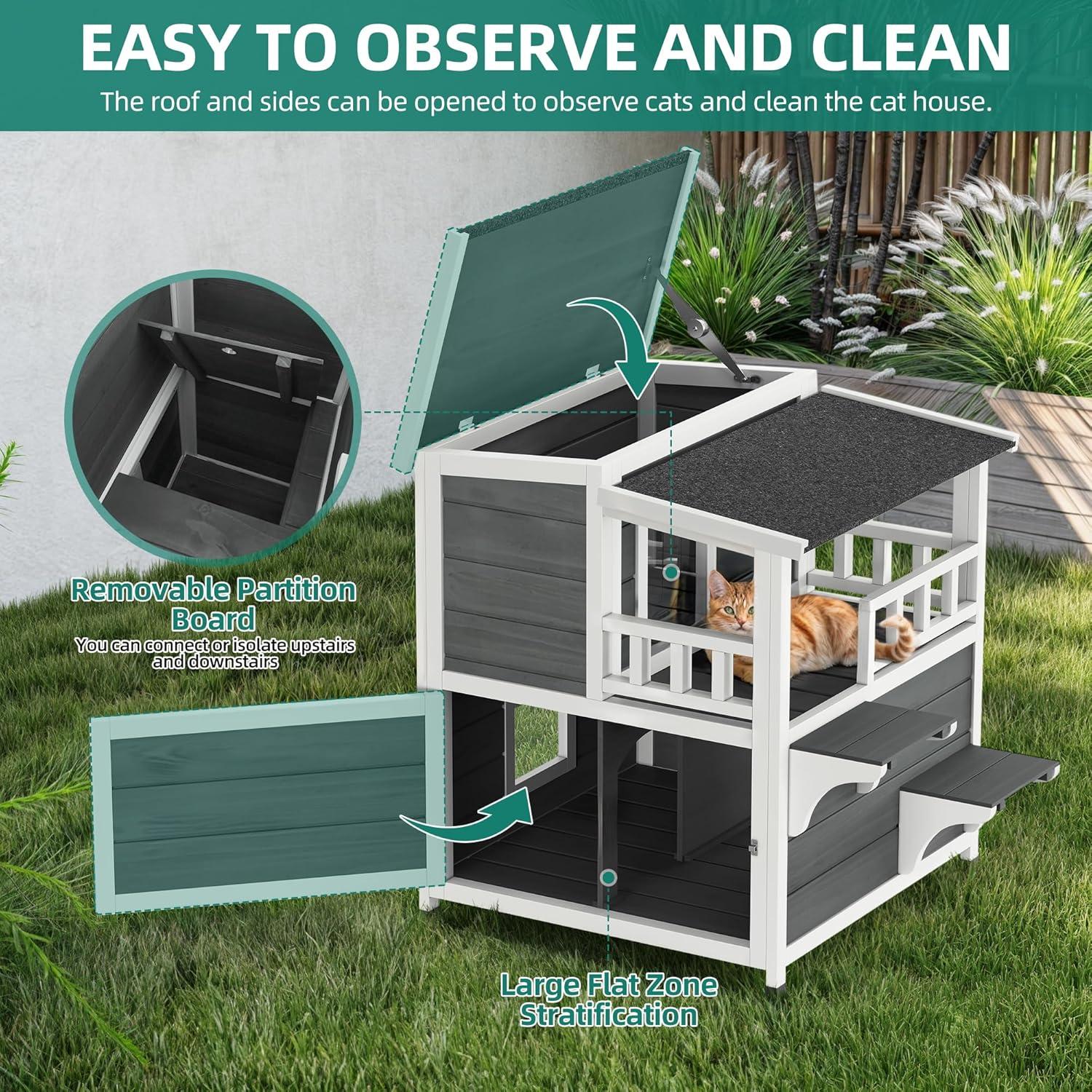 Archie & Oscar™ Outdoor Cat House 2-story Wooden Feral Cat Shelter with Balcony & Roof