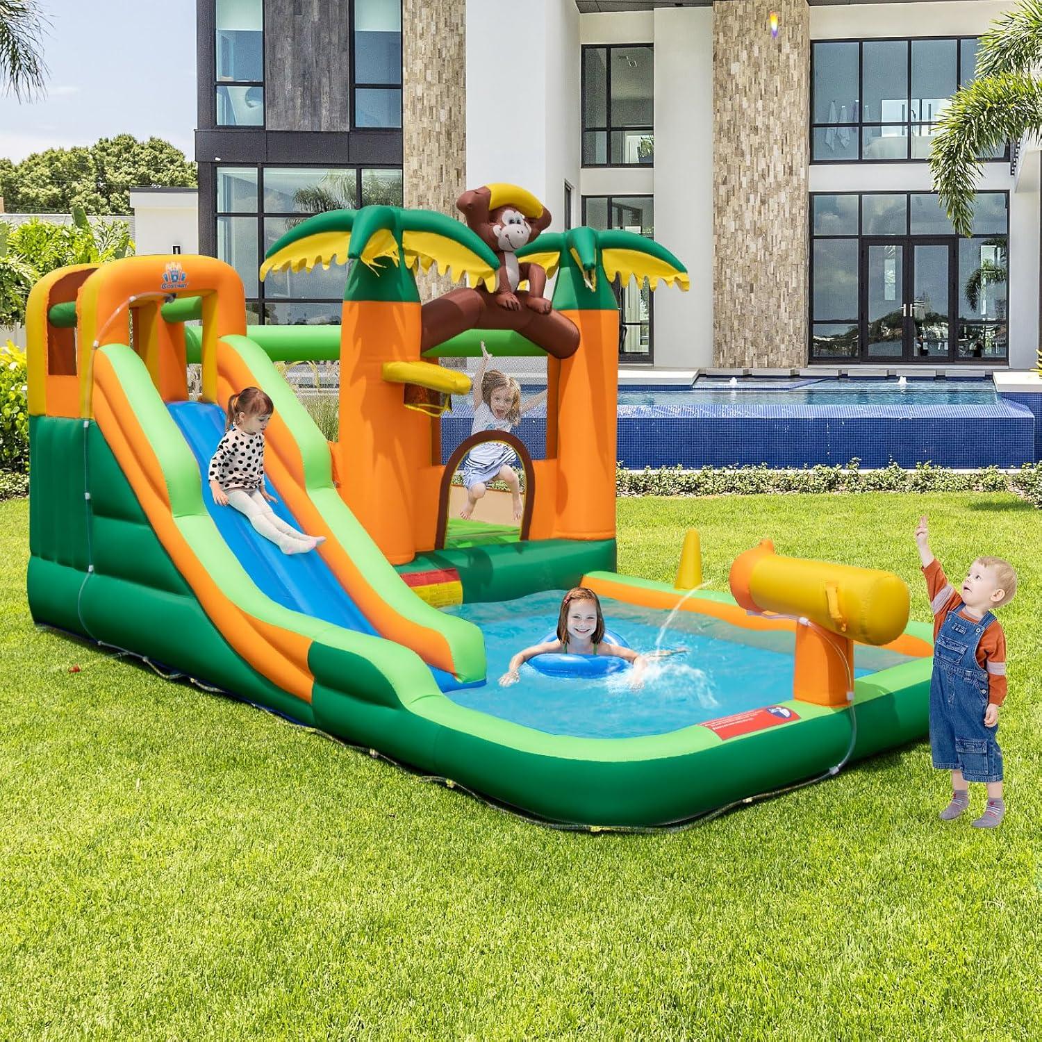 Costway Inflatable Water Slide Park Monkey Bounce House Splash Pool with 735W Blower