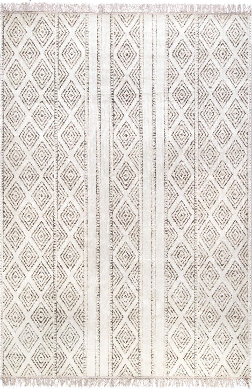 Beige Striped Square Synthetic Easy-Care Indoor/Outdoor Rug