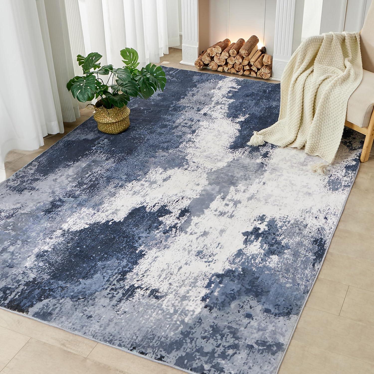 WhizMax 5'x7' Modern Blue Abstract Area Rug Machine Washable Contemporary Rug Soft Foldable Thin Accent Rug Anti-Slip Non-Shedding Floor Carpet