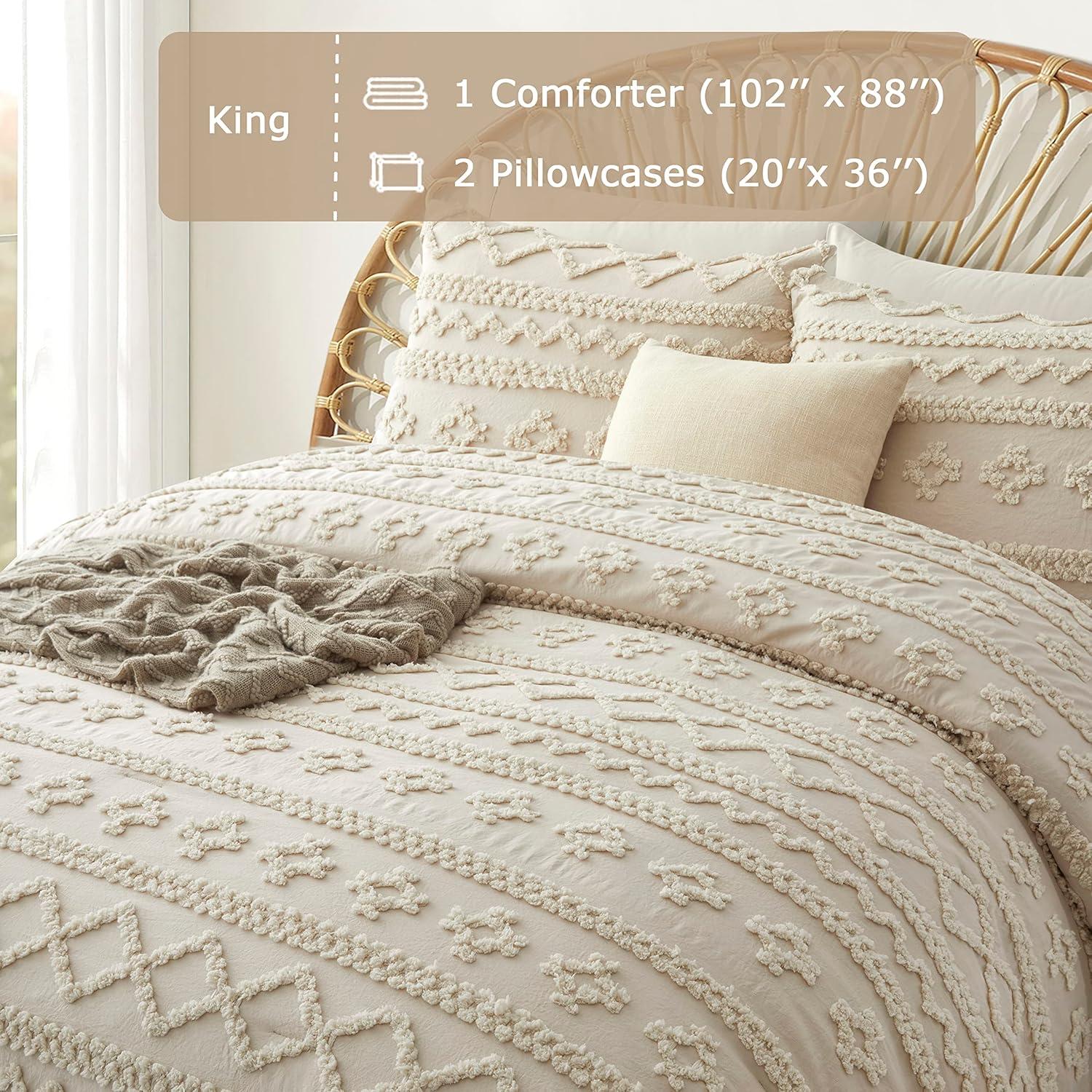 Beige King Comforter Set Tufted Geometry Bedding Set King 3 Pieces, Boho Shabby Chic Comforter with 2 Pillowcases (Beige,King)