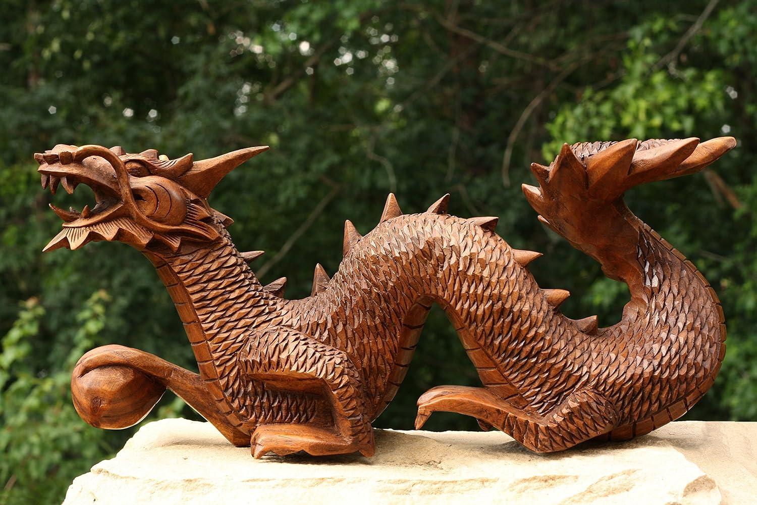 Handcrafted Suar Wood Dragon Statue, 12" Long