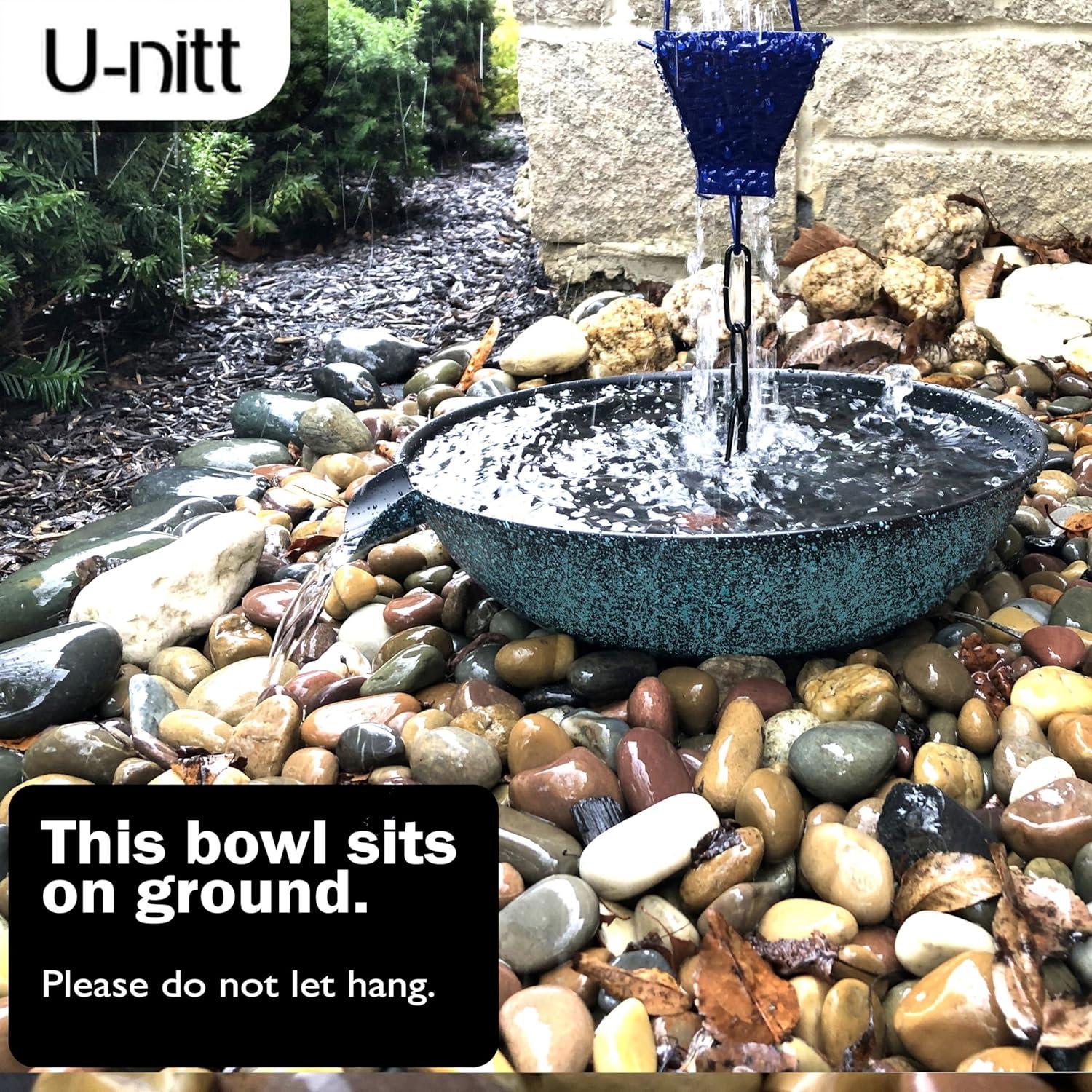 U-nitt 12" Anchoring Basin/Bowl/Dish for Gutter Rain Chain, Spill Bowl for Fountain, with Scupper, Birdbath Alternative, with Attachment Chain, Black Powder Coated with Patina, 972PA