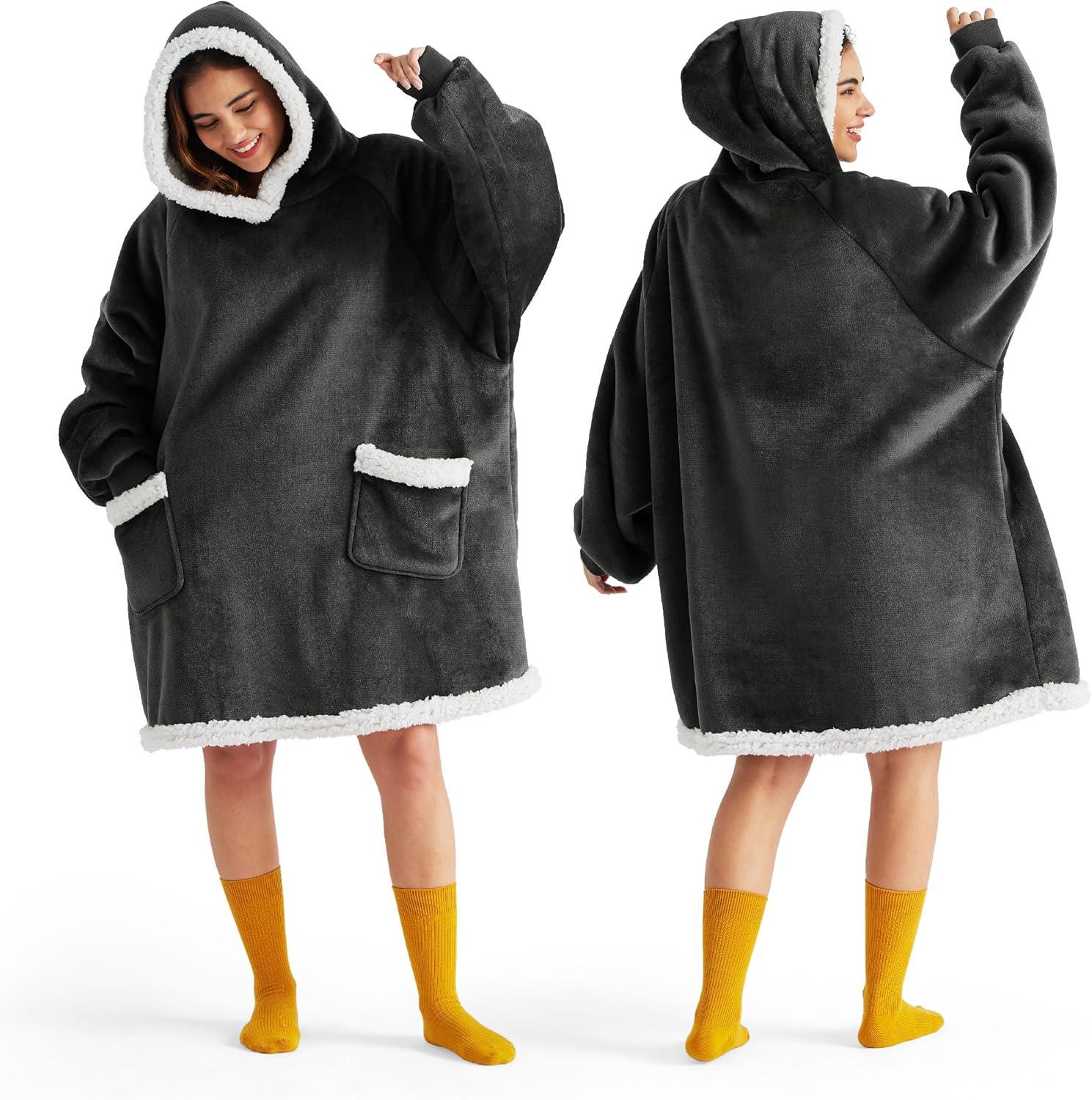 Bedsure Blanket Hoodie, Wearable Blanket for Adults & Kids as Gifts for Women Men, Birthday Gifts for Women Mom Girl Sherpa Oversized Hoodie, Black, Standard