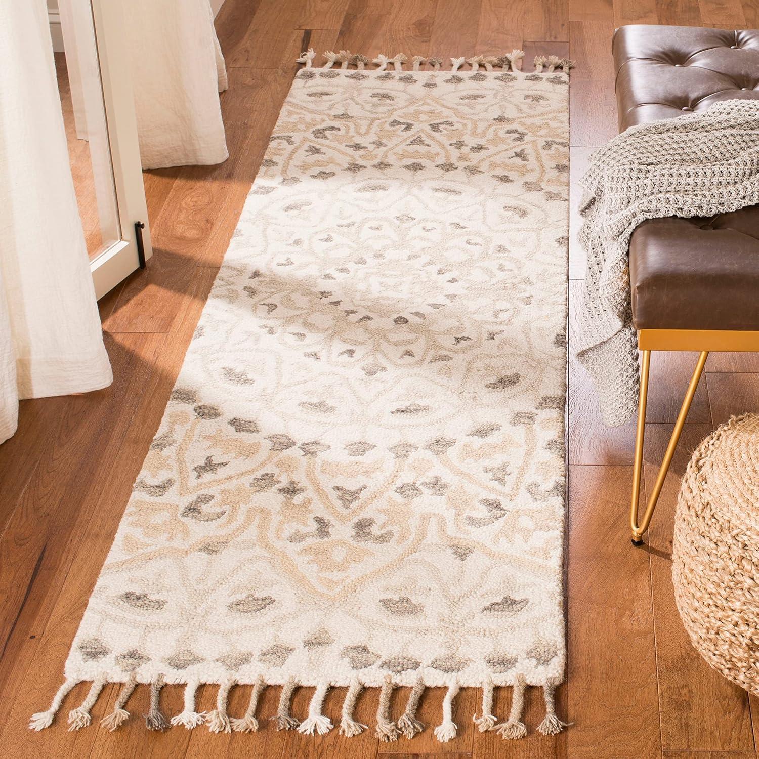 SAFAVIEH Blossom Kelvin Abstract Wool Fringed Area Rug, Ivory/Taupe, 2' x 3'