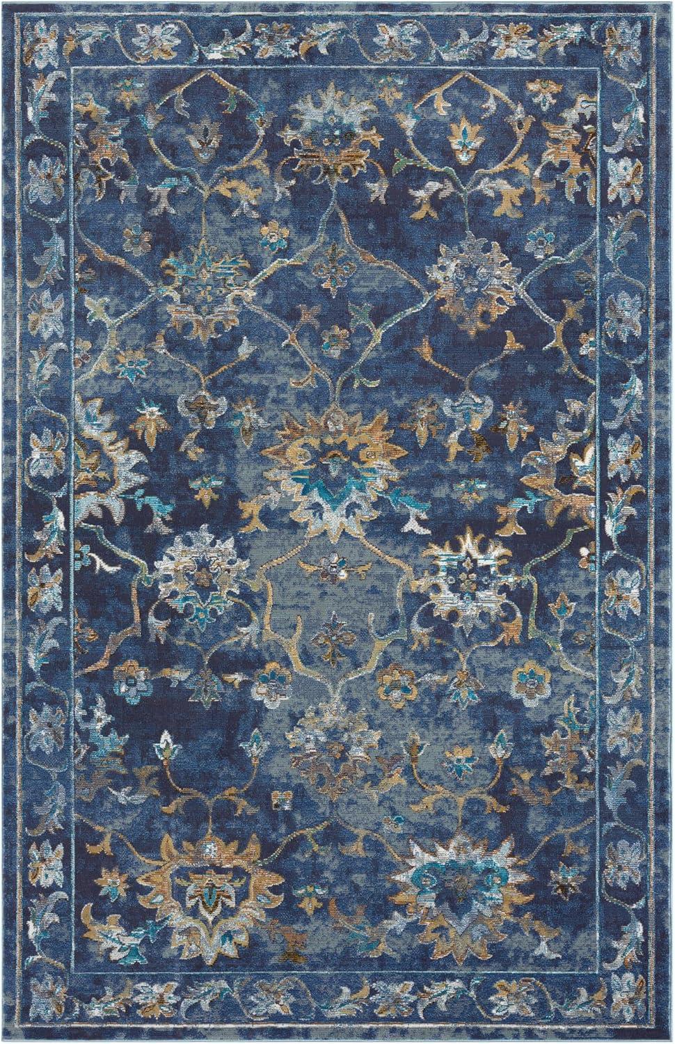 LR Home Ada 5' x 8' Indigo Bordered Floral Adult Durable Indoor Area Rug