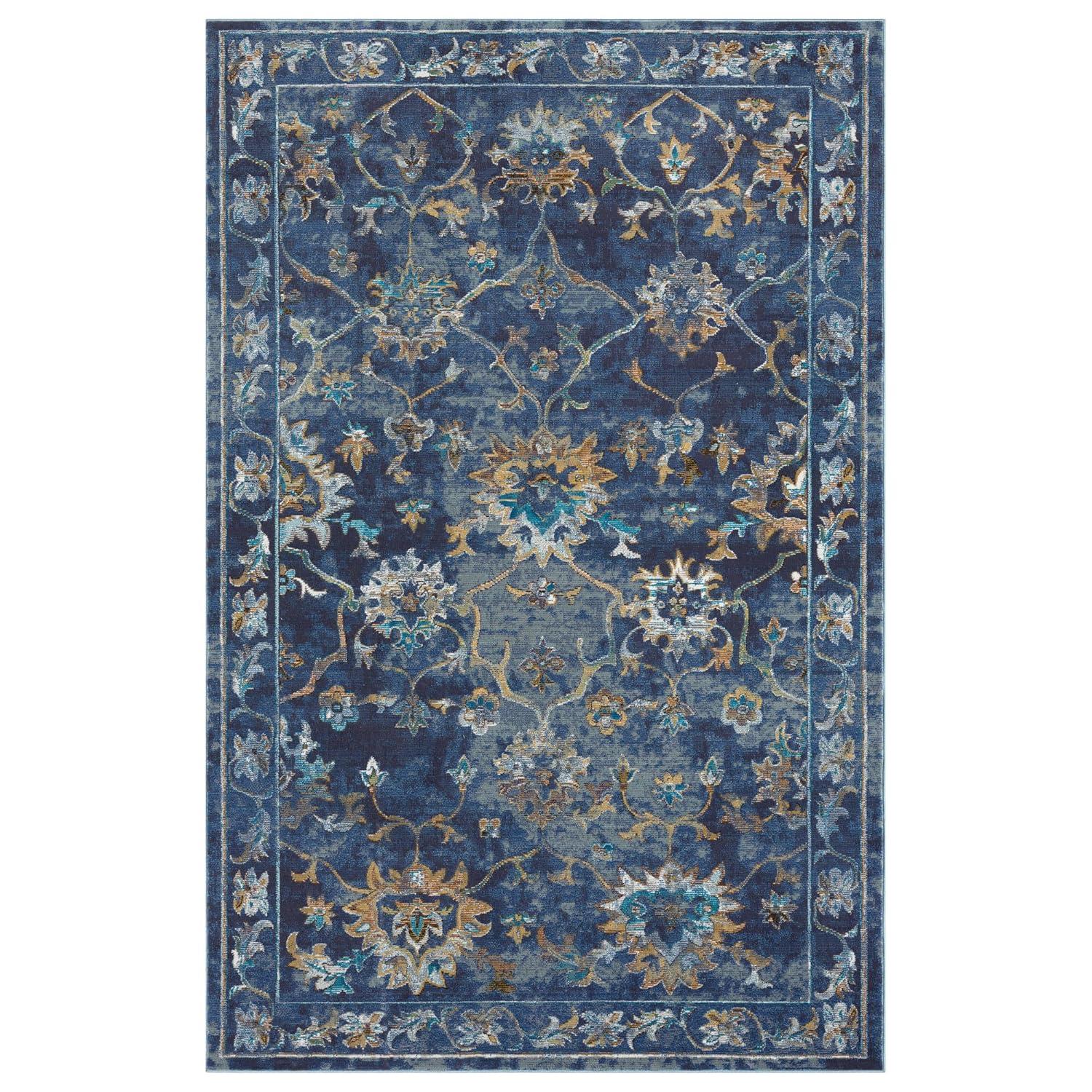 LR Home Ada 5' x 8' Indigo Bordered Floral Adult Durable Indoor Area Rug