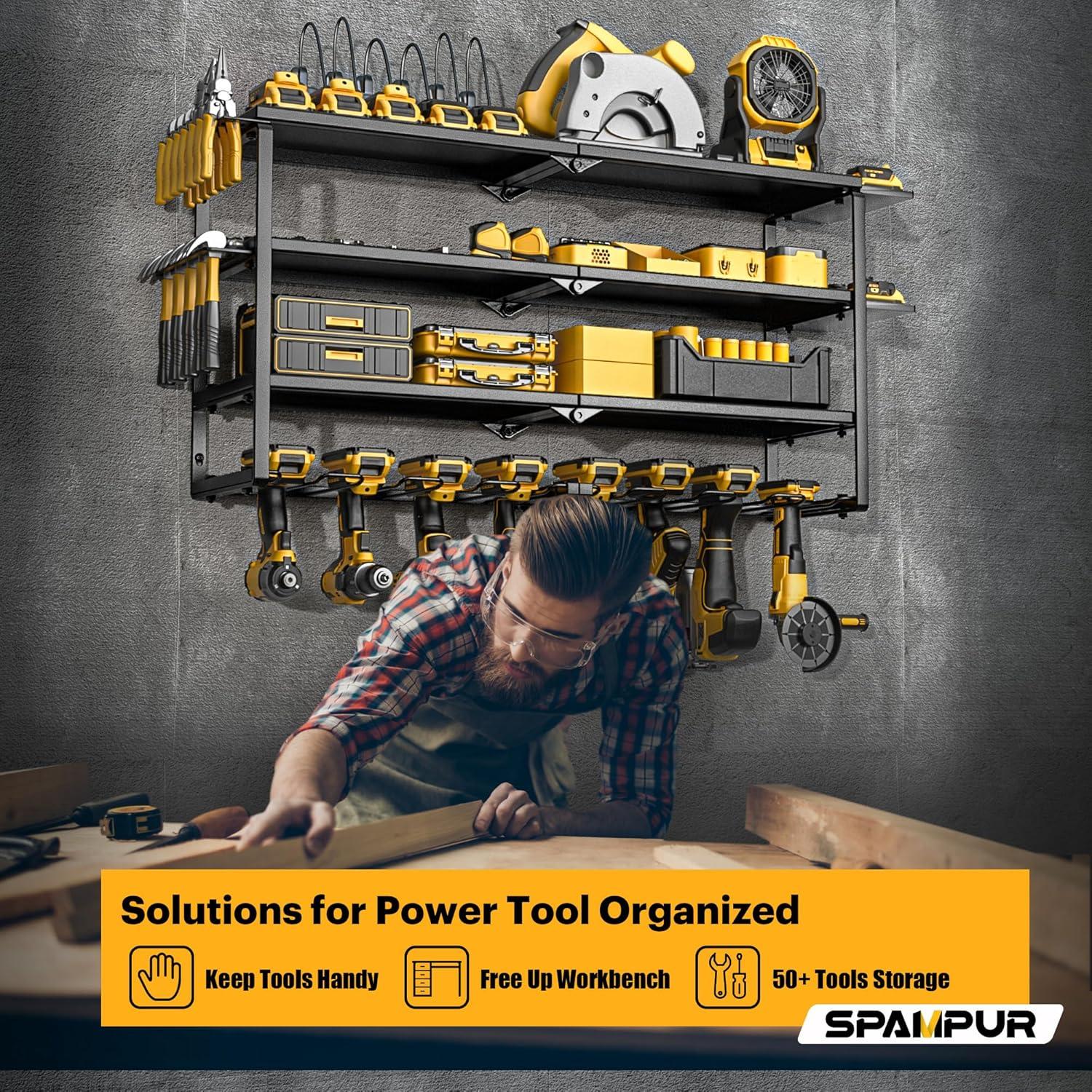 UNIVERSAL WINDOW SOLUTIONS Power Tool Organizer With Charging Station, 8 Drill Holder Wall Mount, 4 Layer Storage Rack For Garage Storage, Heavy Duty Utility Racks, Tool Battery Shelf With 6 Outlet Power Strip