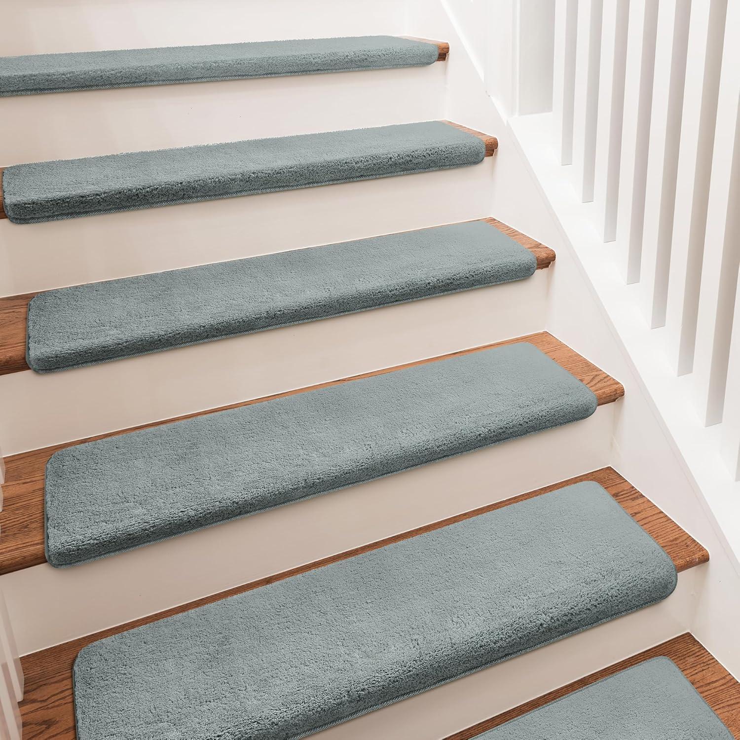 PURE ERA Bullnose Soft Plush Carpet Stair Treads Wooden Steps Rugs Self Adhesive Non-slip 9.5" x 30"x1.2" (Set of 7, Gray)
