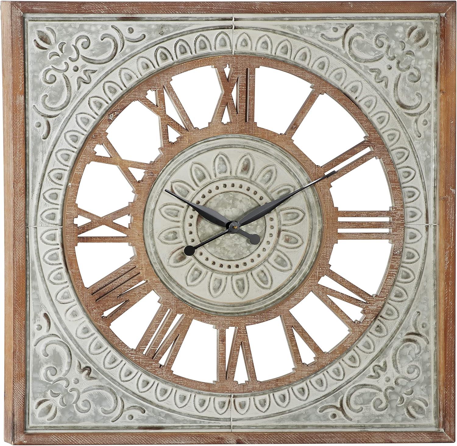 Metal Scroll Wall Clock with Embossed Metal Brown - Olivia & May: Silent, Square, Farmhouse Style