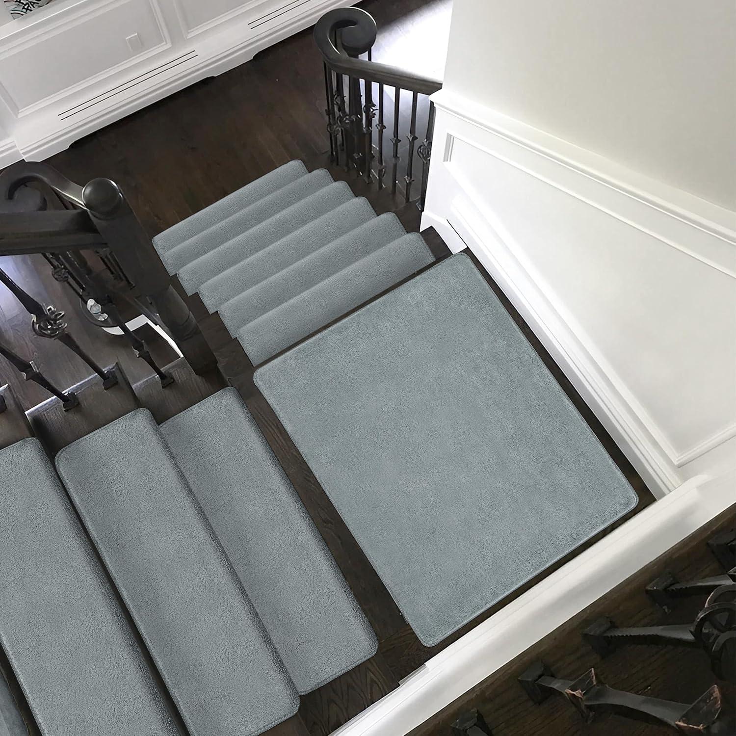 PURE ERA Bullnose Soft Plush Carpet Stair Treads Wooden Steps Rugs Self Adhesive Non-slip 9.5" x 30"x1.2" (Set of 7, Gray)