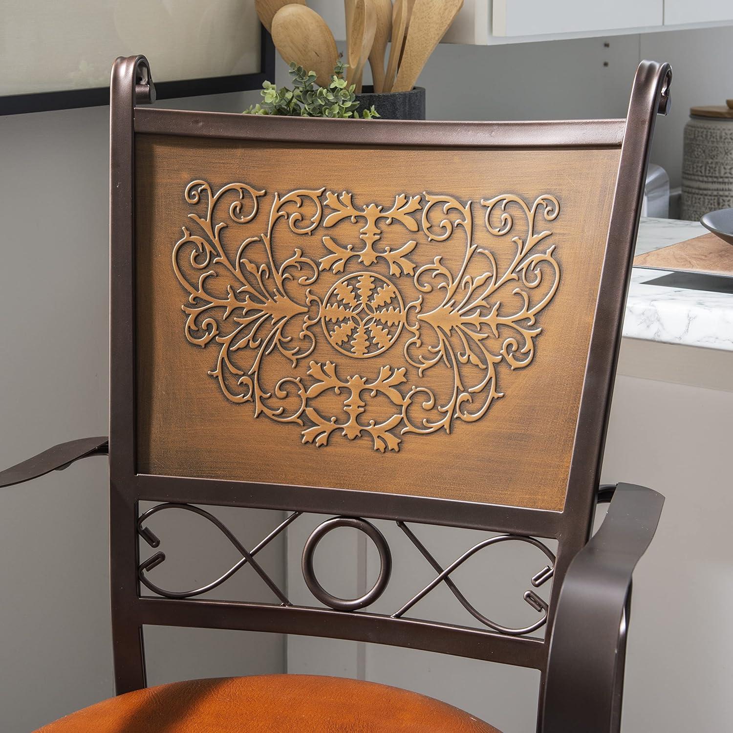 Powell Beatrix Big & Tall 30" High Back Indoor Copper Stamped Round Metal Bar Stool wth Swivel, Bronze/Warm Rust Faux Leather