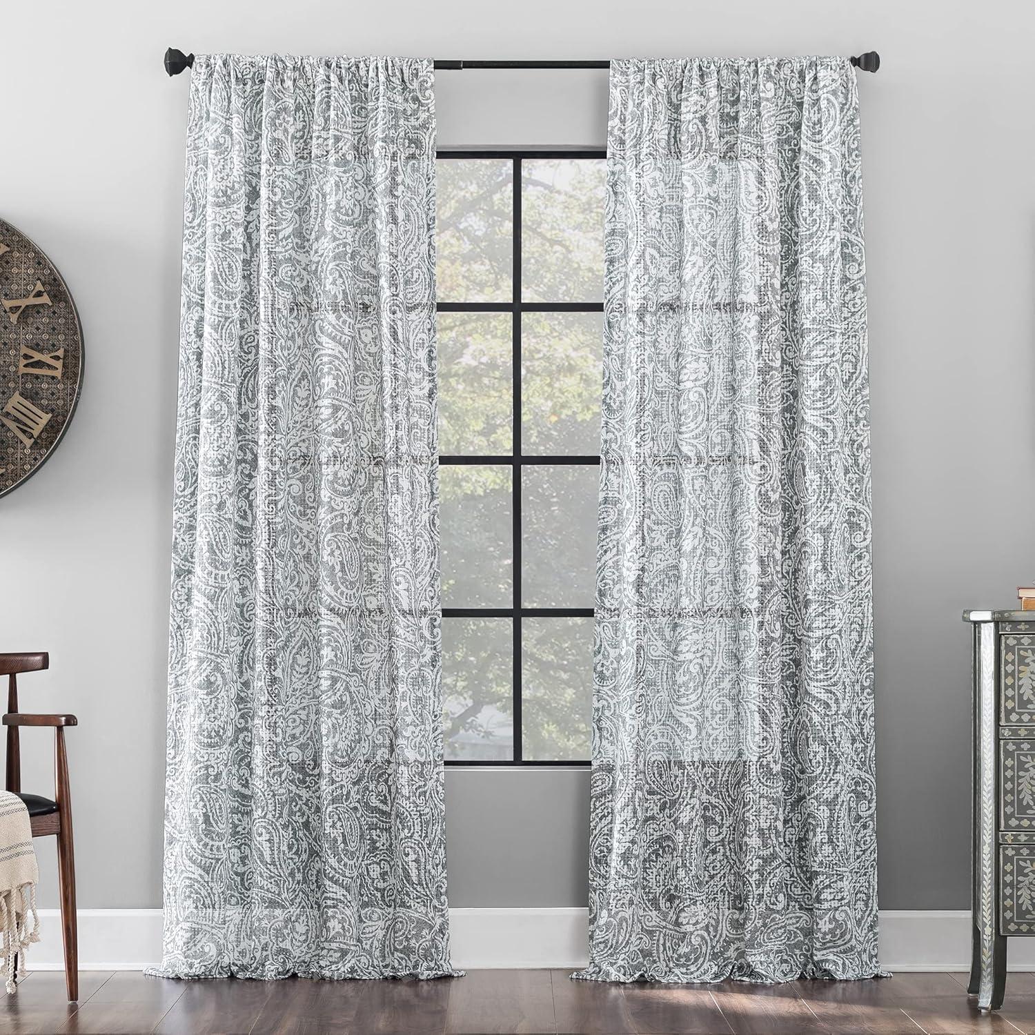 Gray Paisley Waffle Weave Cotton Blend Sheer Curtains, 50" x 84"