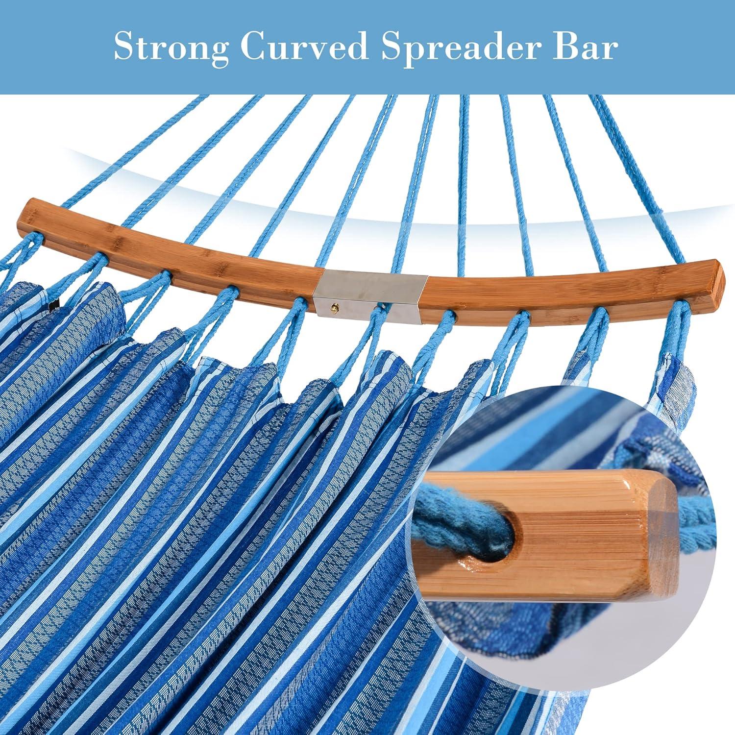 Blue Double Hammock with Curved Bamboo Spreader Bar