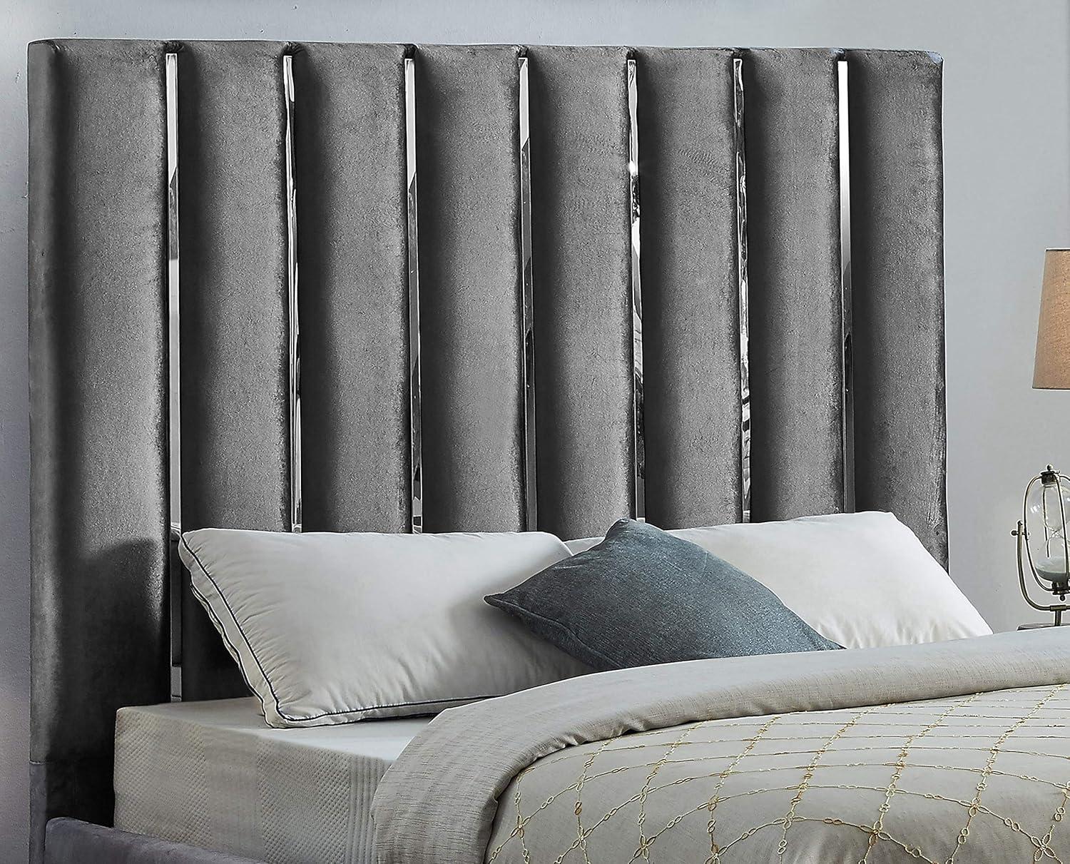 Grey Velvet Upholstered Queen Bed with Tufted Headboard